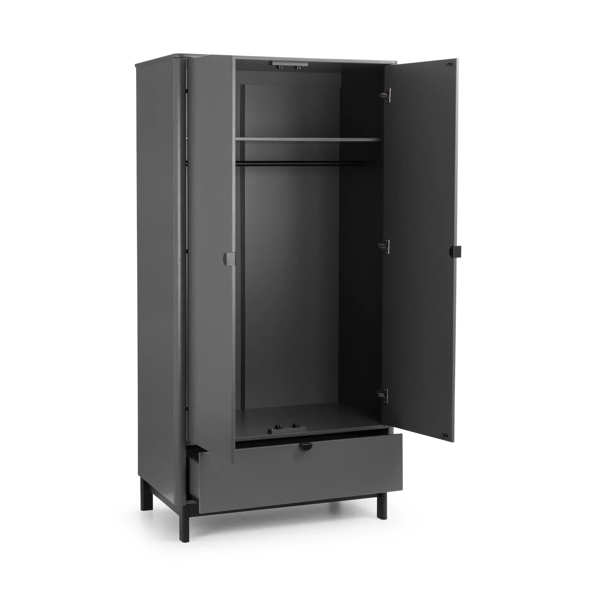 Grey wardrobe with open doors, hanging rail, internal shelf, and lower storage drawer