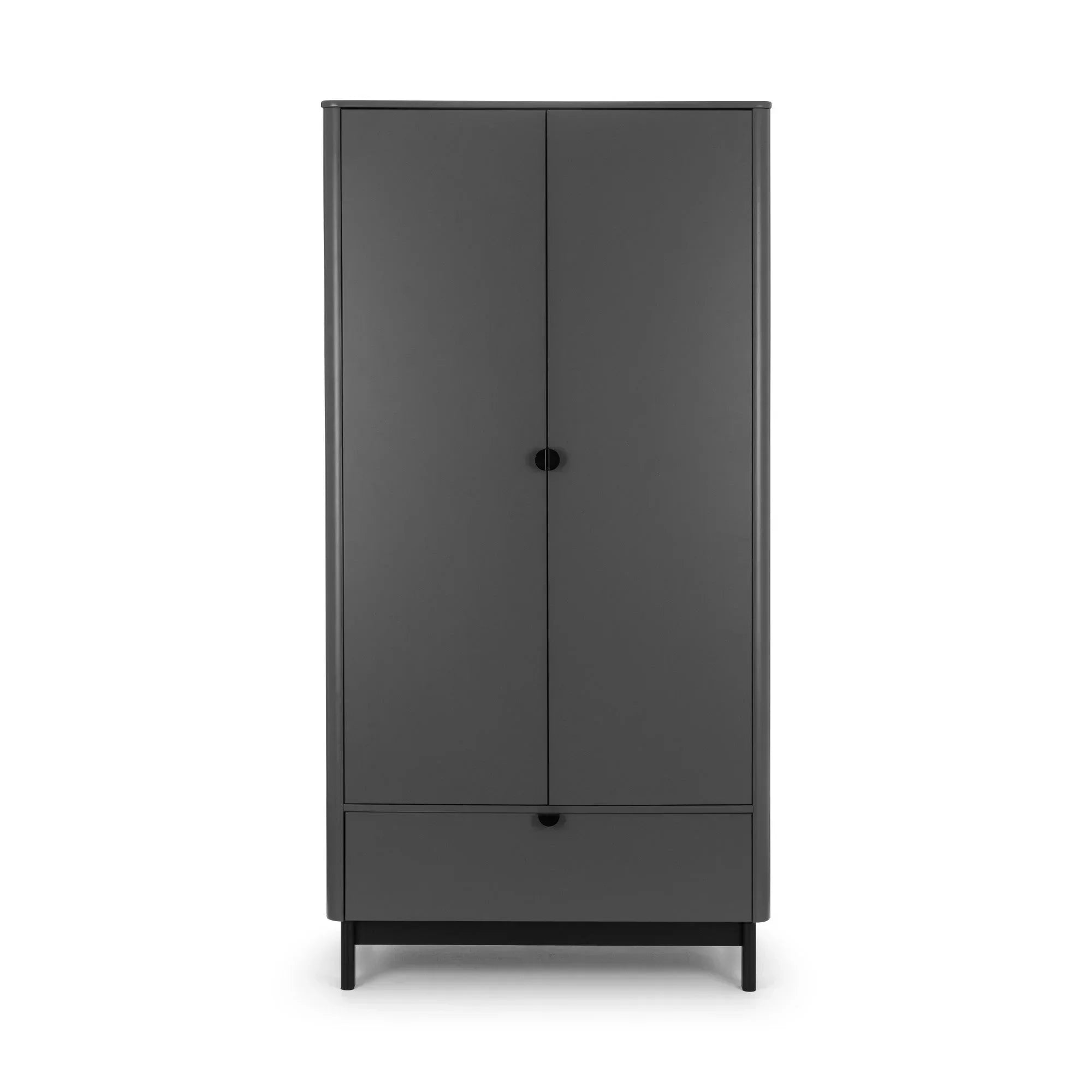 Modern grey wardrobe with double doors and lower storage drawer, front view