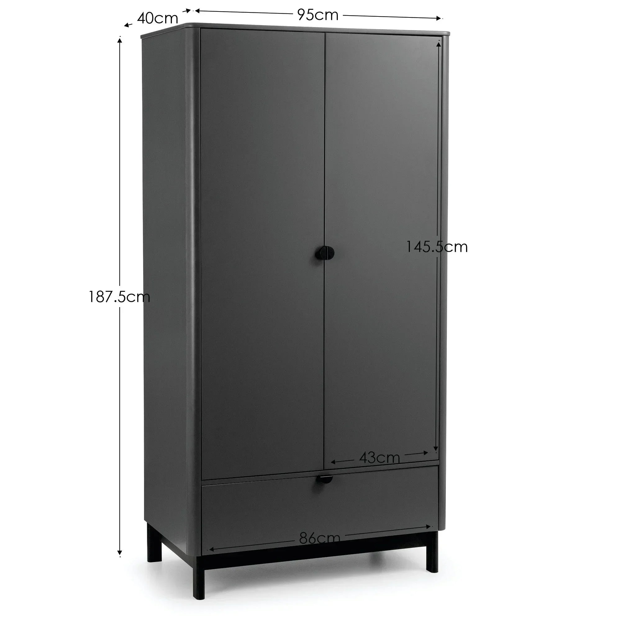 Dark grey wardrobe with two doors, lower drawer, and size measurements shown on white background