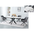 A modern dining set featuring a rectangular white table with a black X-shaped base and four gray upholstered swivel chairs, shown in a bright white dining room with a light rug. An inset image in the top right shows a close-up of the white oval-shaped seat cushion.