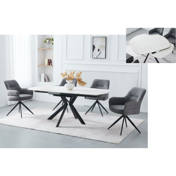 A modern dining set featuring a rectangular white table with a black X-shaped base and four gray upholstered swivel chairs, shown in a bright white dining room with a light rug. An inset image in the top right shows a close-up of the white oval-shaped seat cushion.
