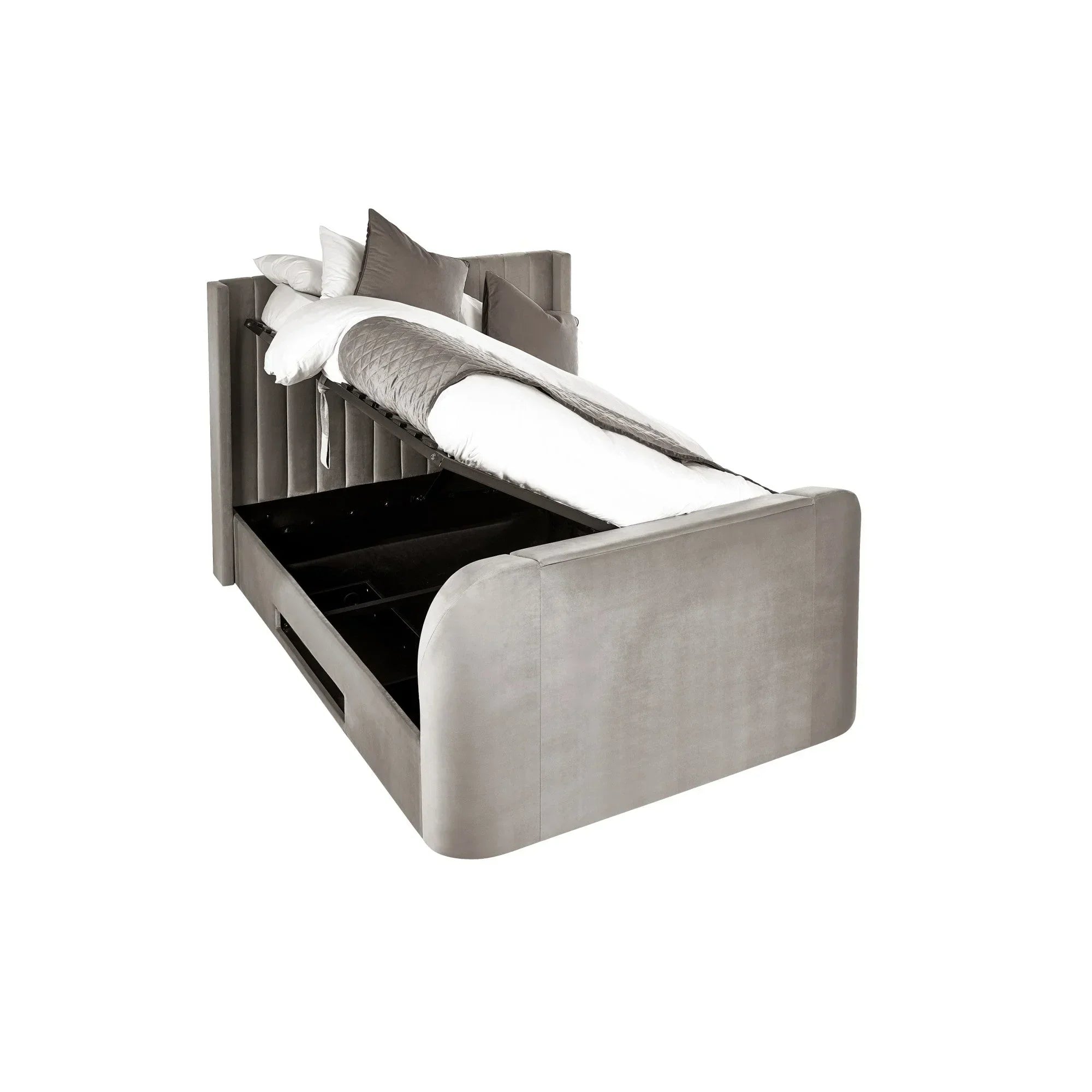 Grey upholstered ottoman bed with lift-up storage compartment and bedding