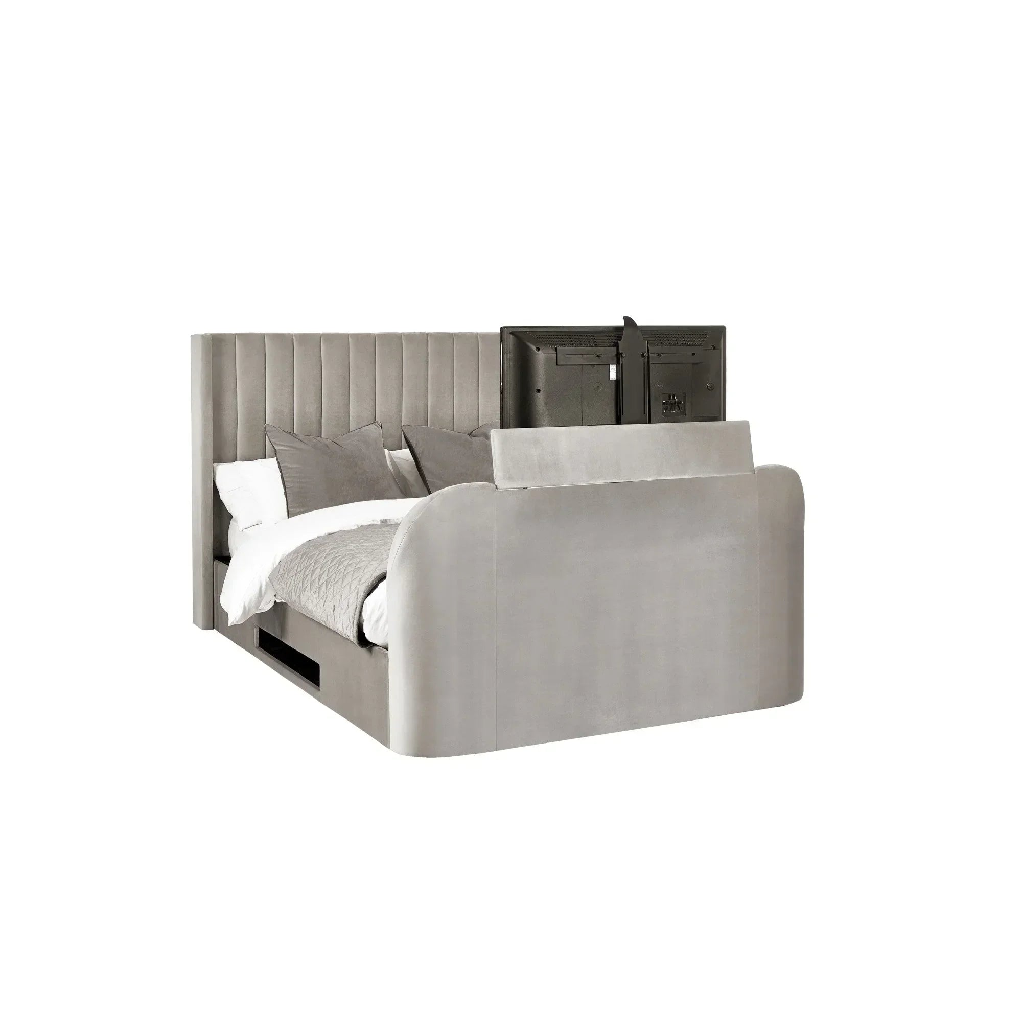Grey upholstered TV bed with storage, vertical panel headboard and raised television footboard