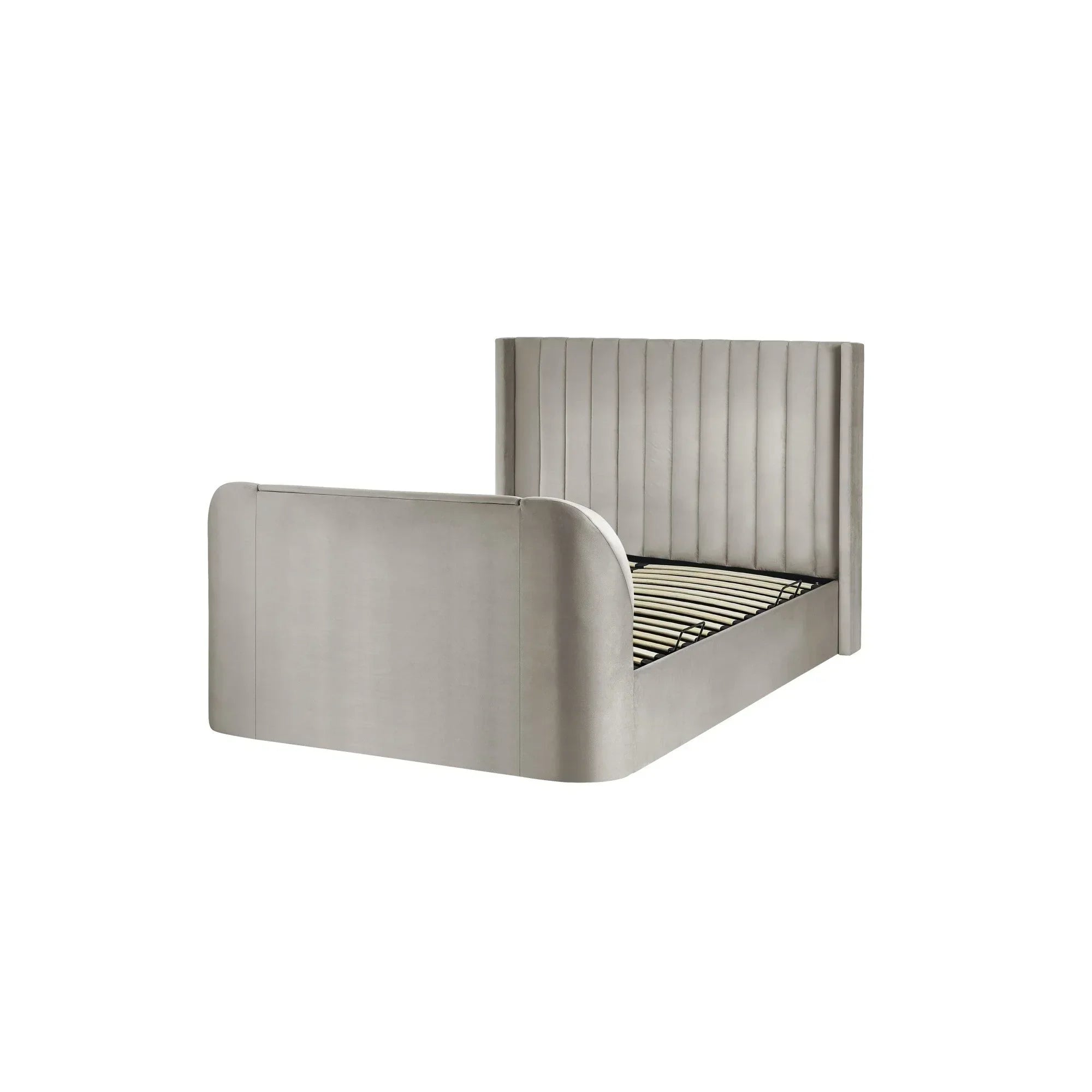 Grey upholstered bed frame with vertical panel headboard and rounded footboard