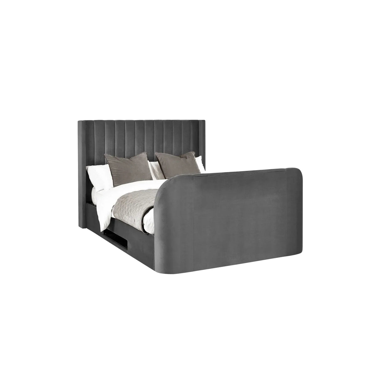 Grey upholstered bed frame with vertical panel headboard and under bed storage drawer