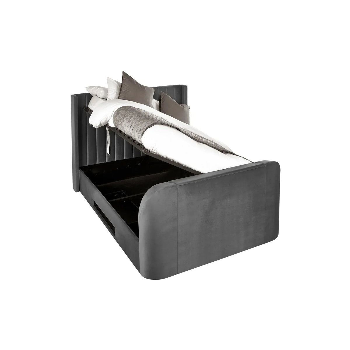 Grey upholstered ottoman bed with vertical panel headboard and open storage base