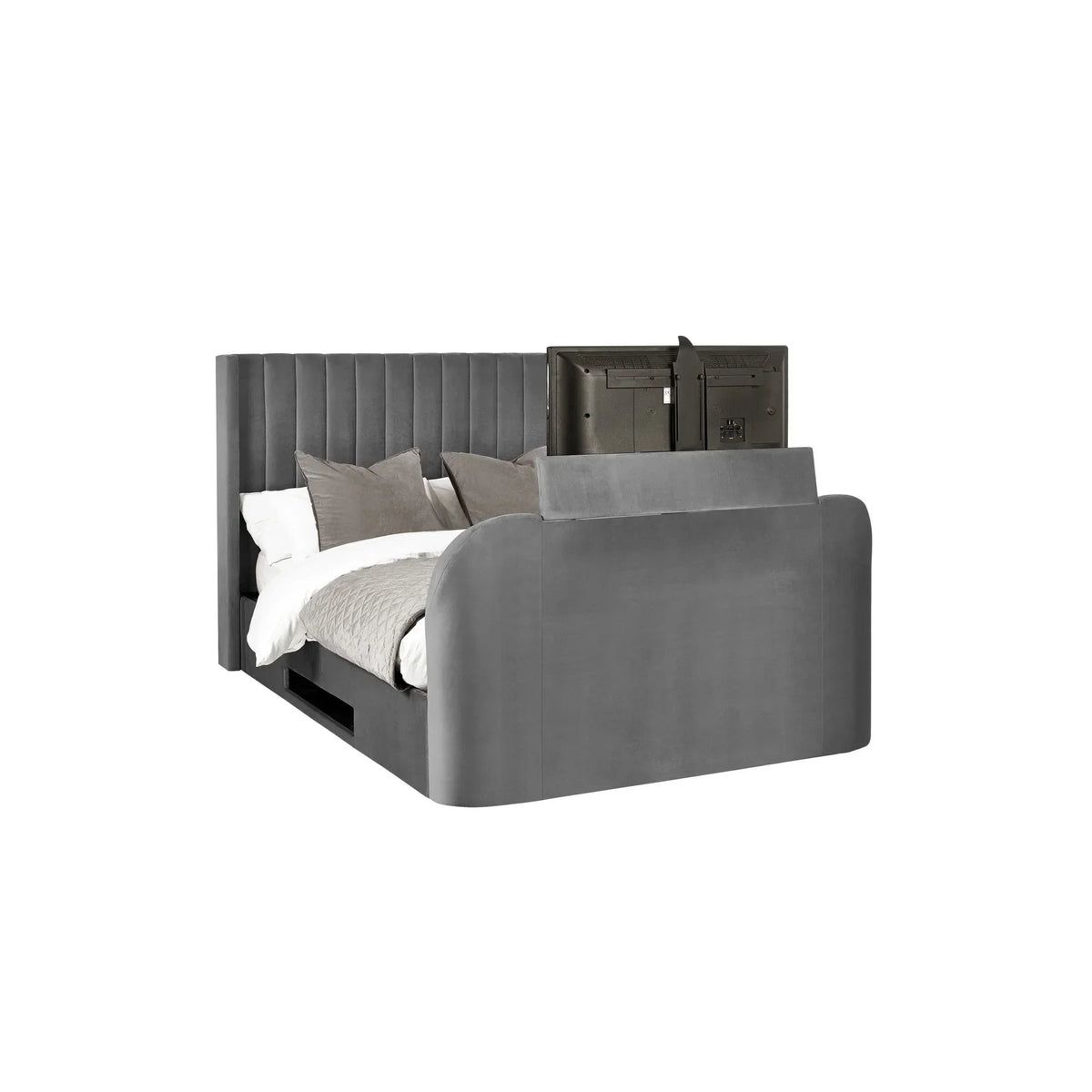 Grey velvet TV bed with vertical panel headboard, built-in TV lift and neutral bedding