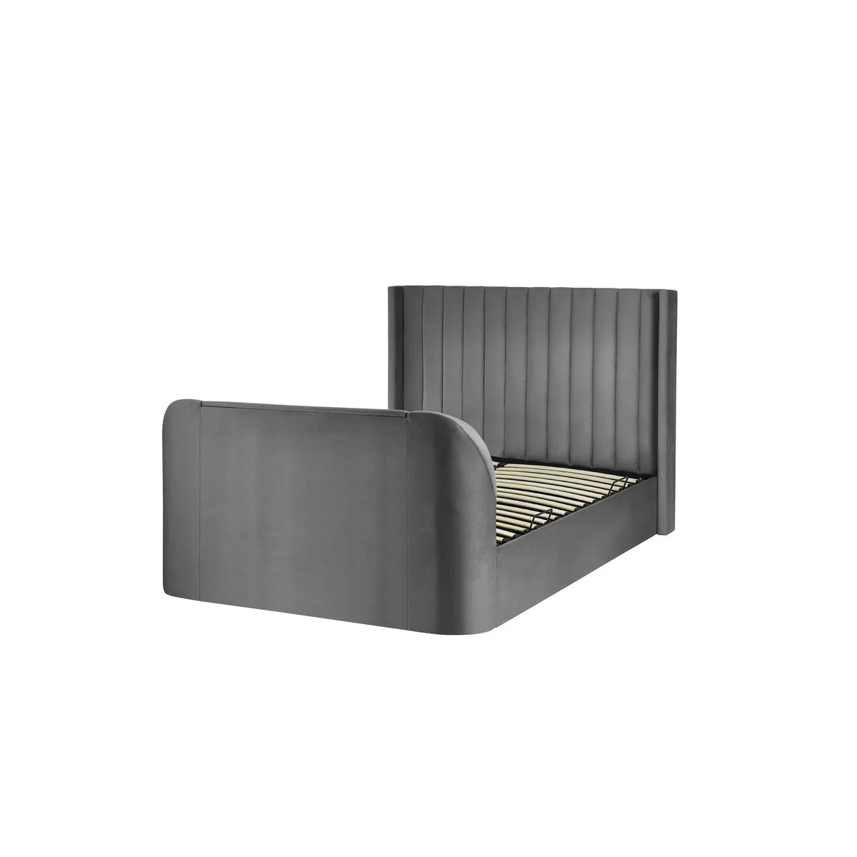 Grey upholstered bed frame with high panel headboard and slatted base, side view