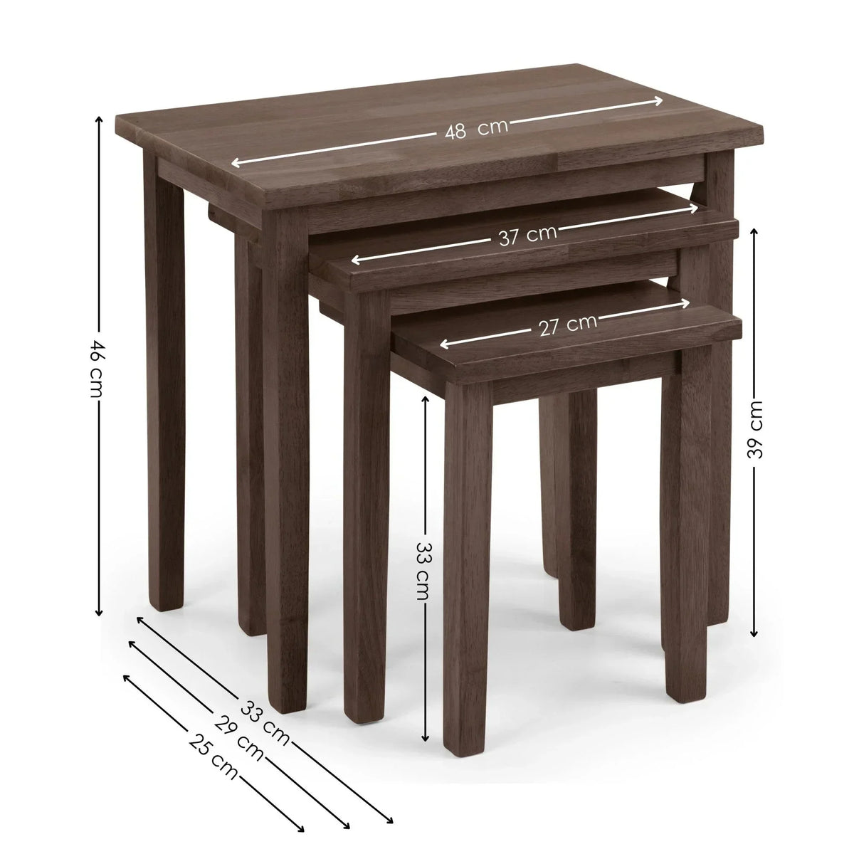 Dark wood nest of tables set with visible size measurements and stacked design