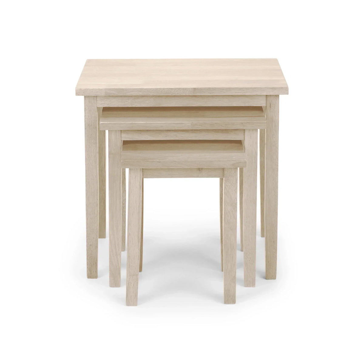 Set of three nested light wood tables with rectangular tops and straight legs