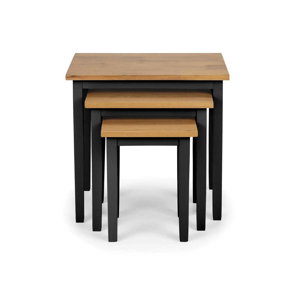 Set of three nesting tables with oak tops and black legs, stacked front view