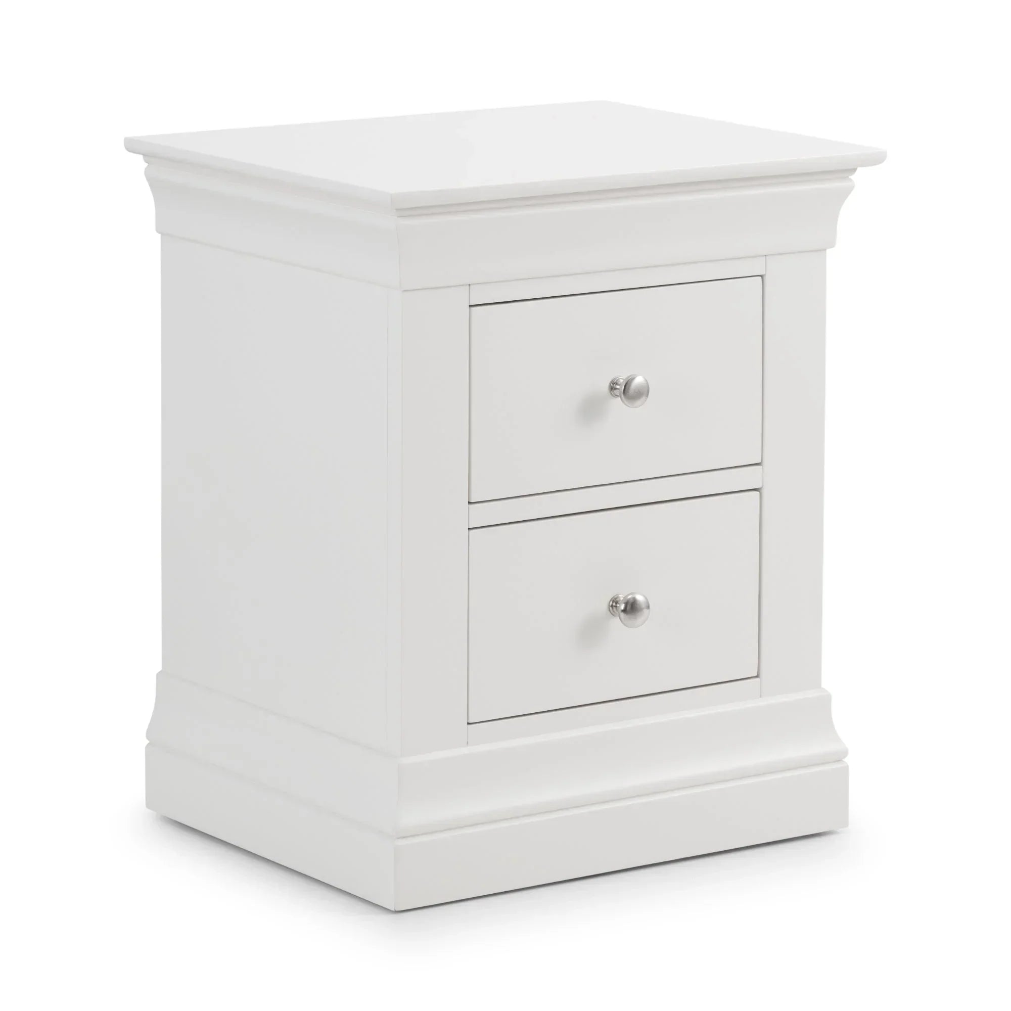 White two drawer bedside table with chrome handles and decorative base trim