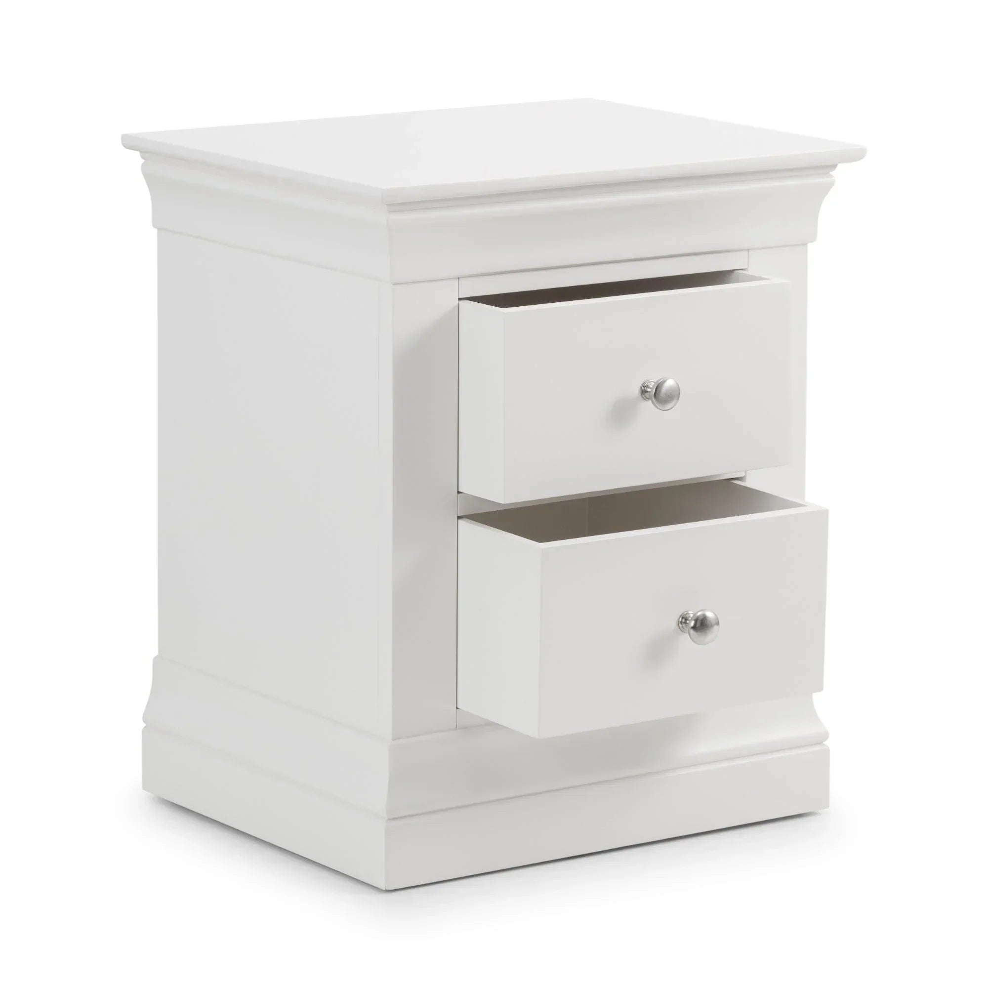 White two drawer bedside table with silver handles, both drawers open, angled view
