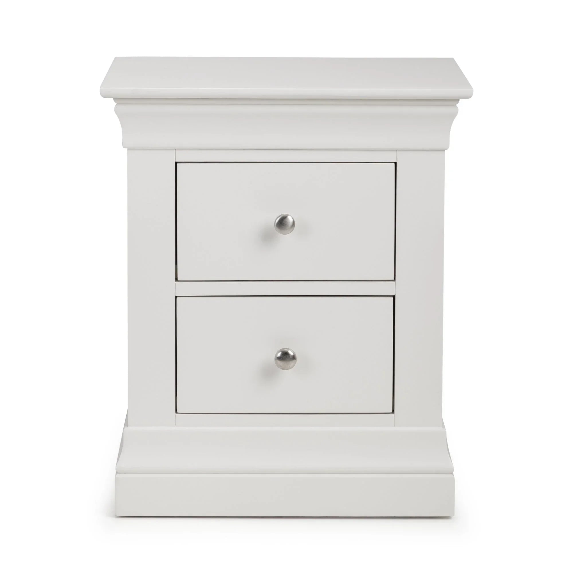 White two drawer bedside table with metal knobs, surf finish, front view