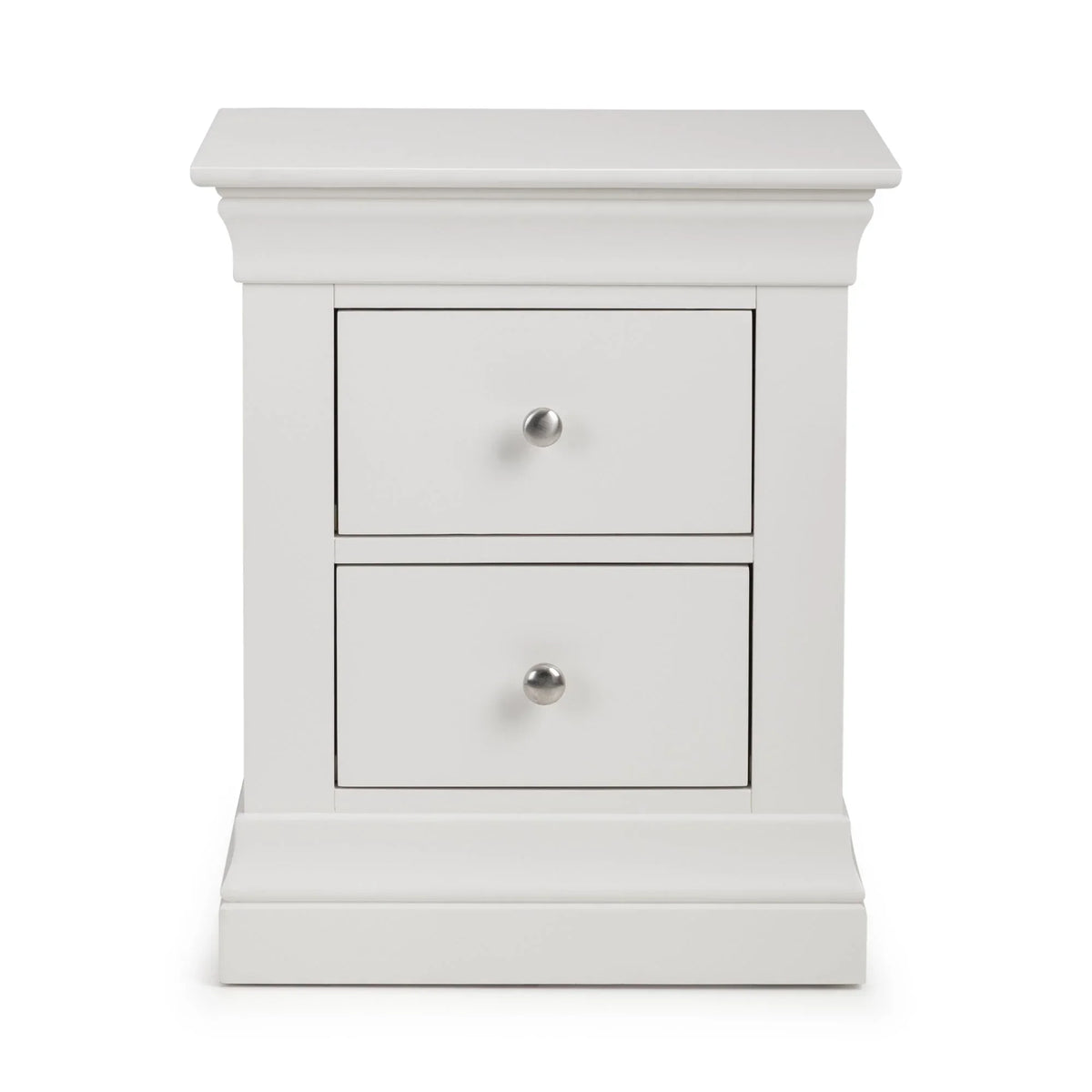 White two drawer bedside table with metal knobs, surf finish, front view
