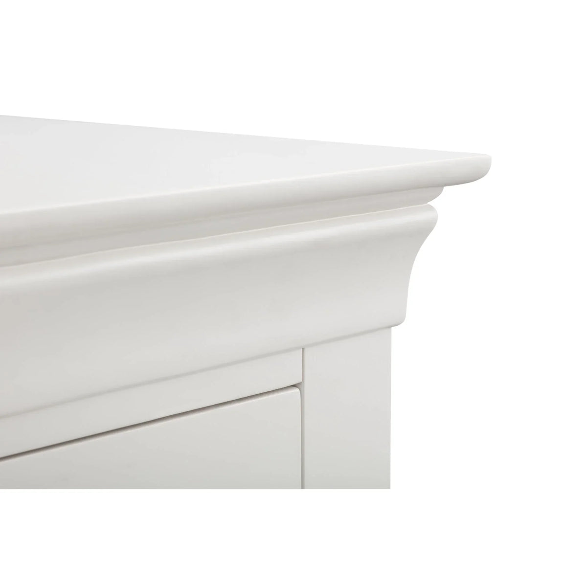 Surf white bedside table corner with smooth finish and curved edge design