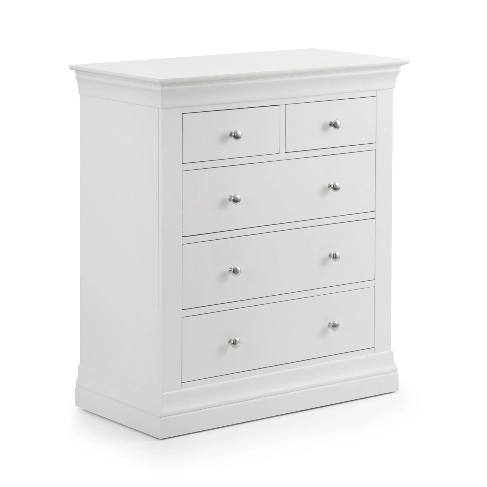 White three over two drawer chest with silver handles, angled front view