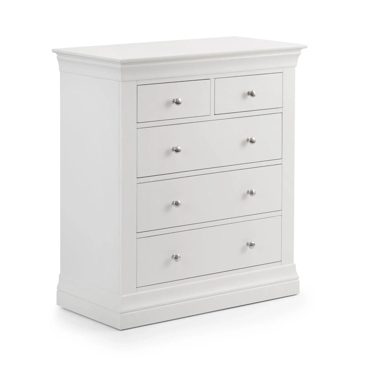 White three over two drawer chest with silver handles, angled front view