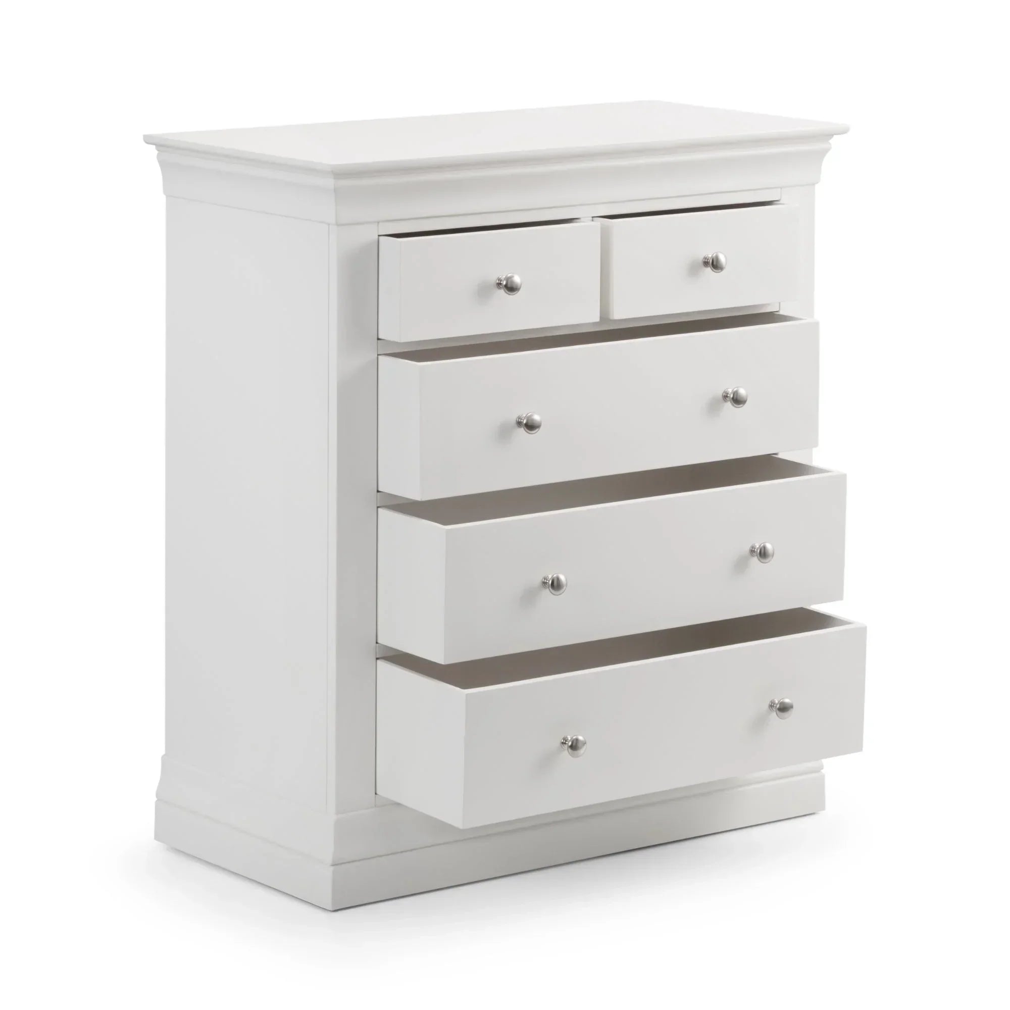 Surf white chest of drawers with three large drawers and two smaller drawers partially open