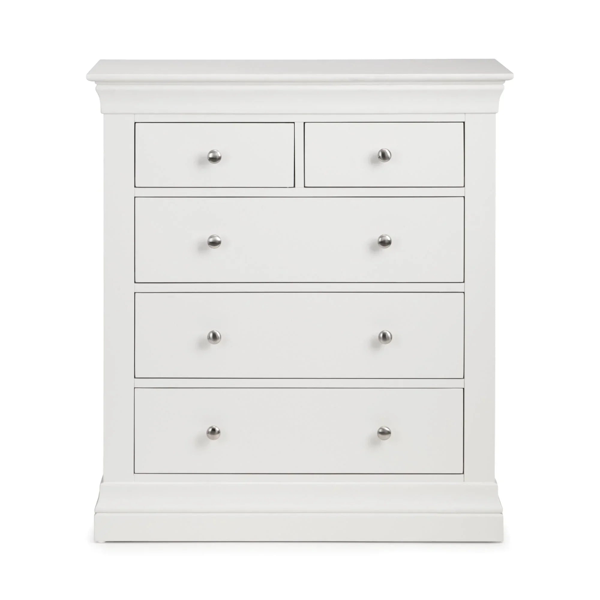 White 3 plus 2 drawer chest with silver handles, flat front, straight on view