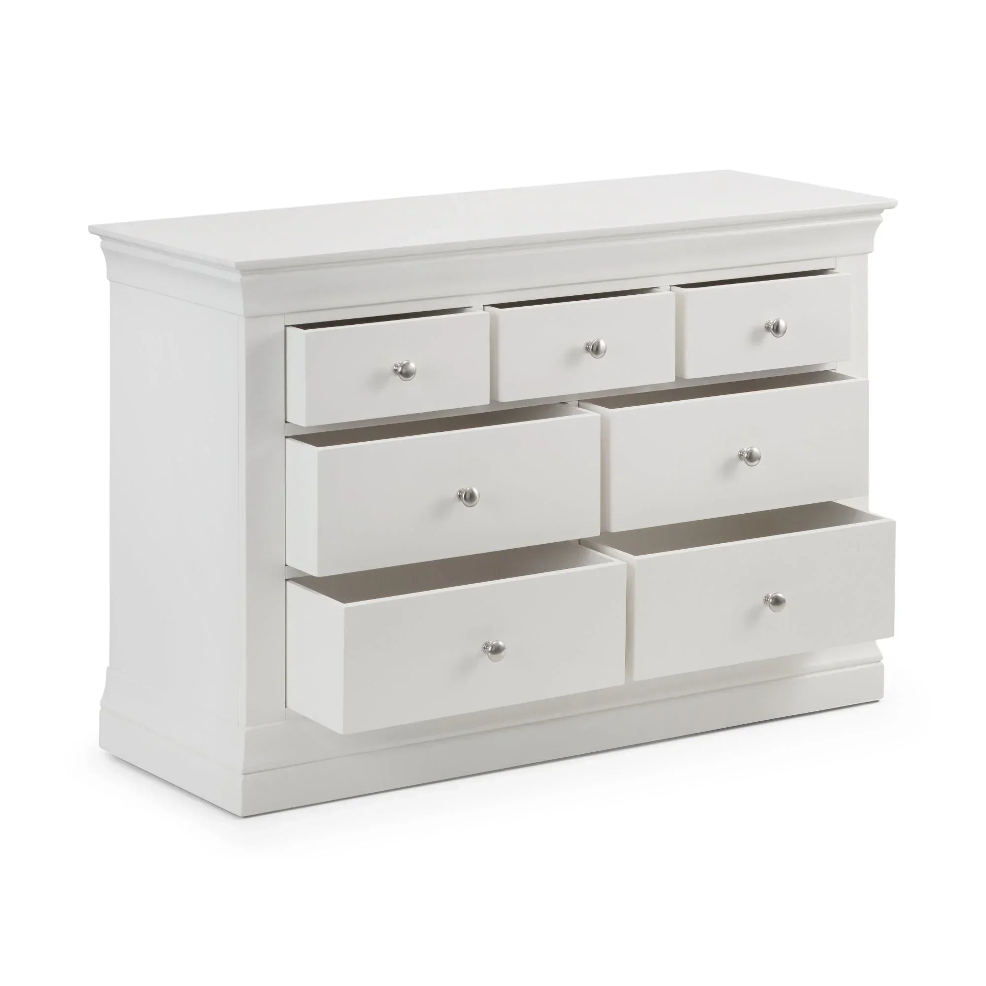 White 4 over 3 drawer chest with chrome handles, some drawers open, angled front view