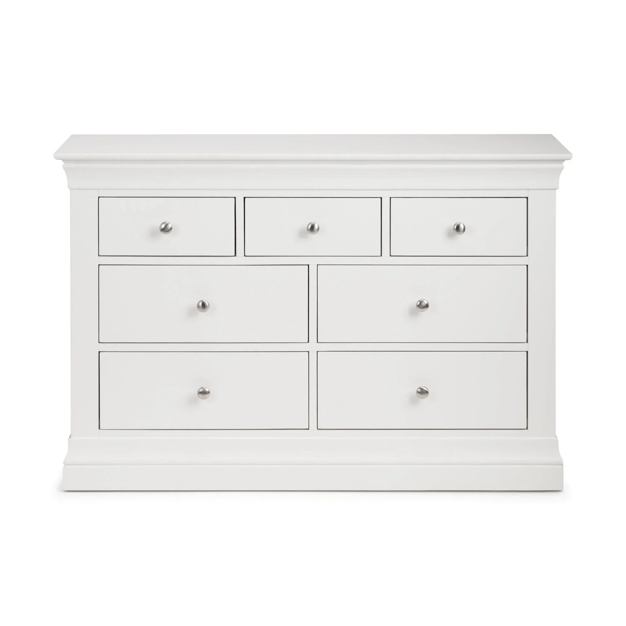 White 7 drawer chest with silver knobs and flat top, shown from the front angle