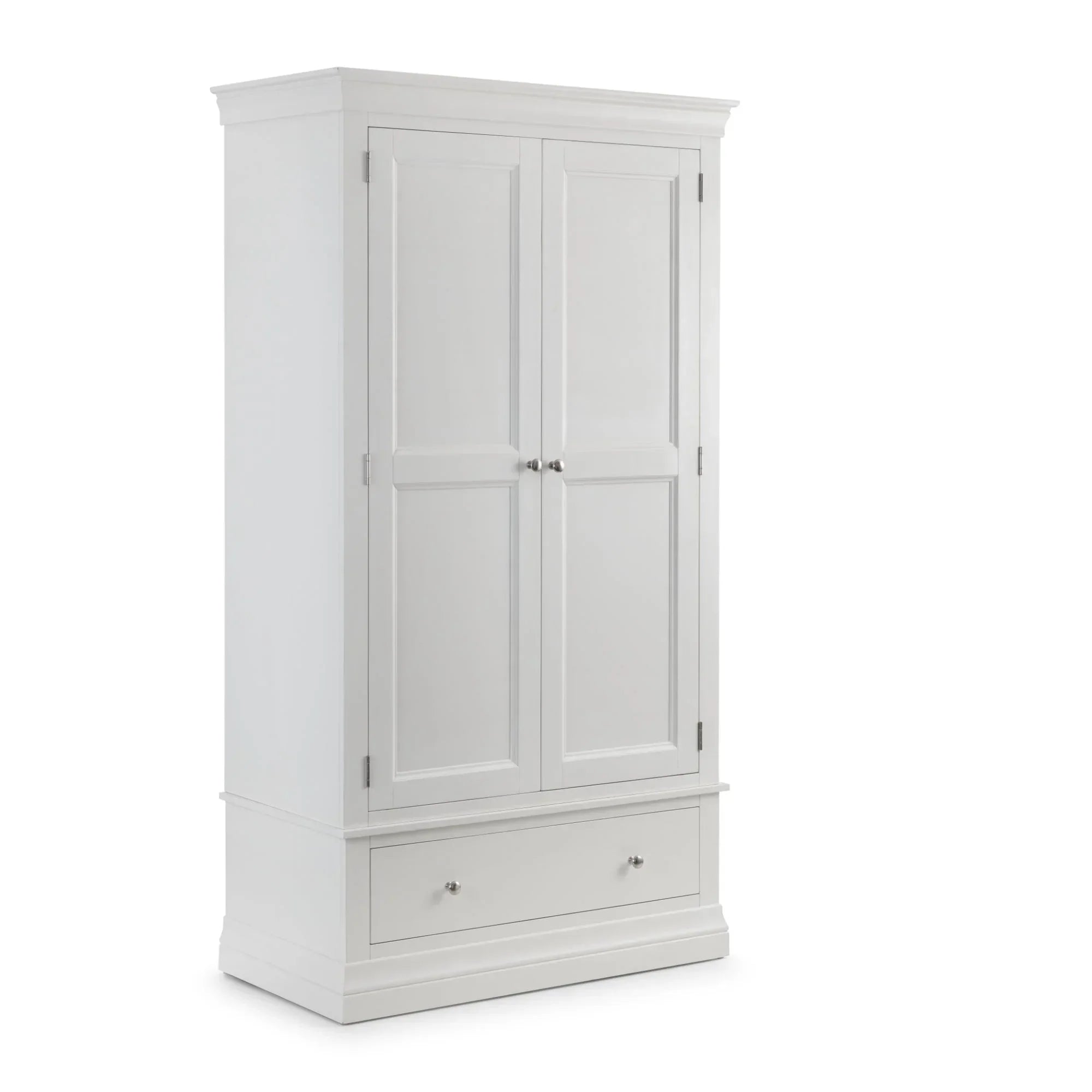 White wooden wardrobe with double doors and single bottom drawer, angled front view