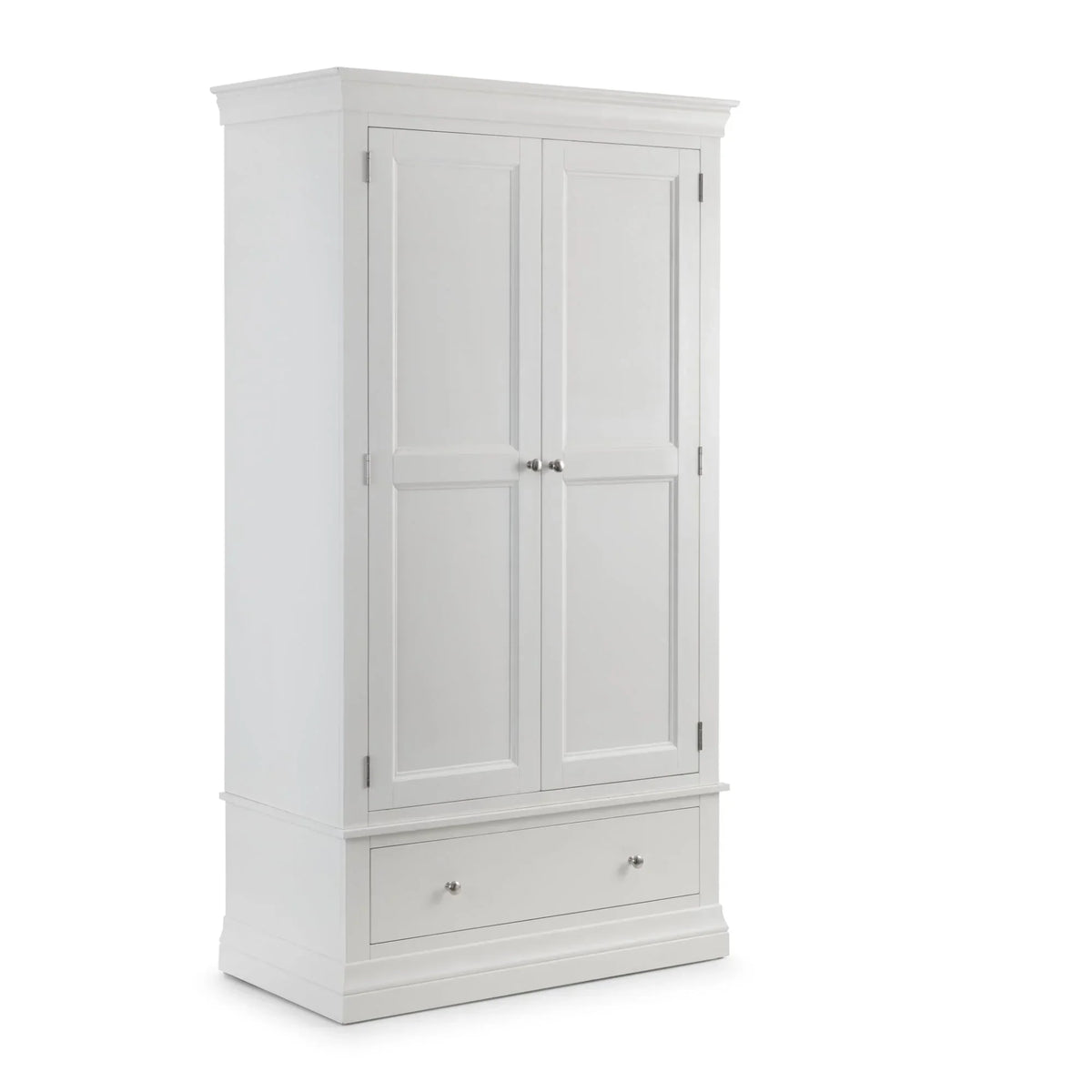 White wooden wardrobe with double doors and single bottom drawer, angled front view