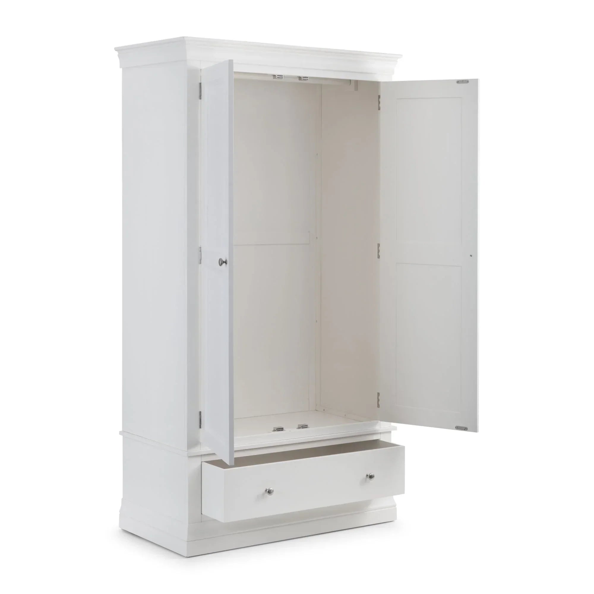 White wardrobe with open double doors and single drawer, shown empty on white background