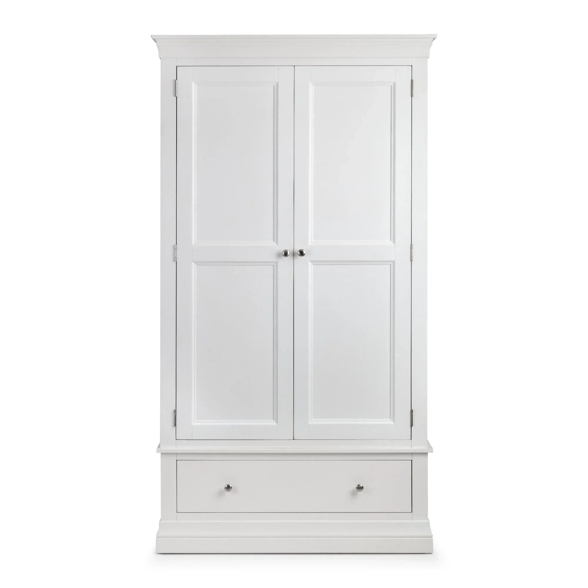 White wooden wardrobe with double doors and lower drawer, front view
