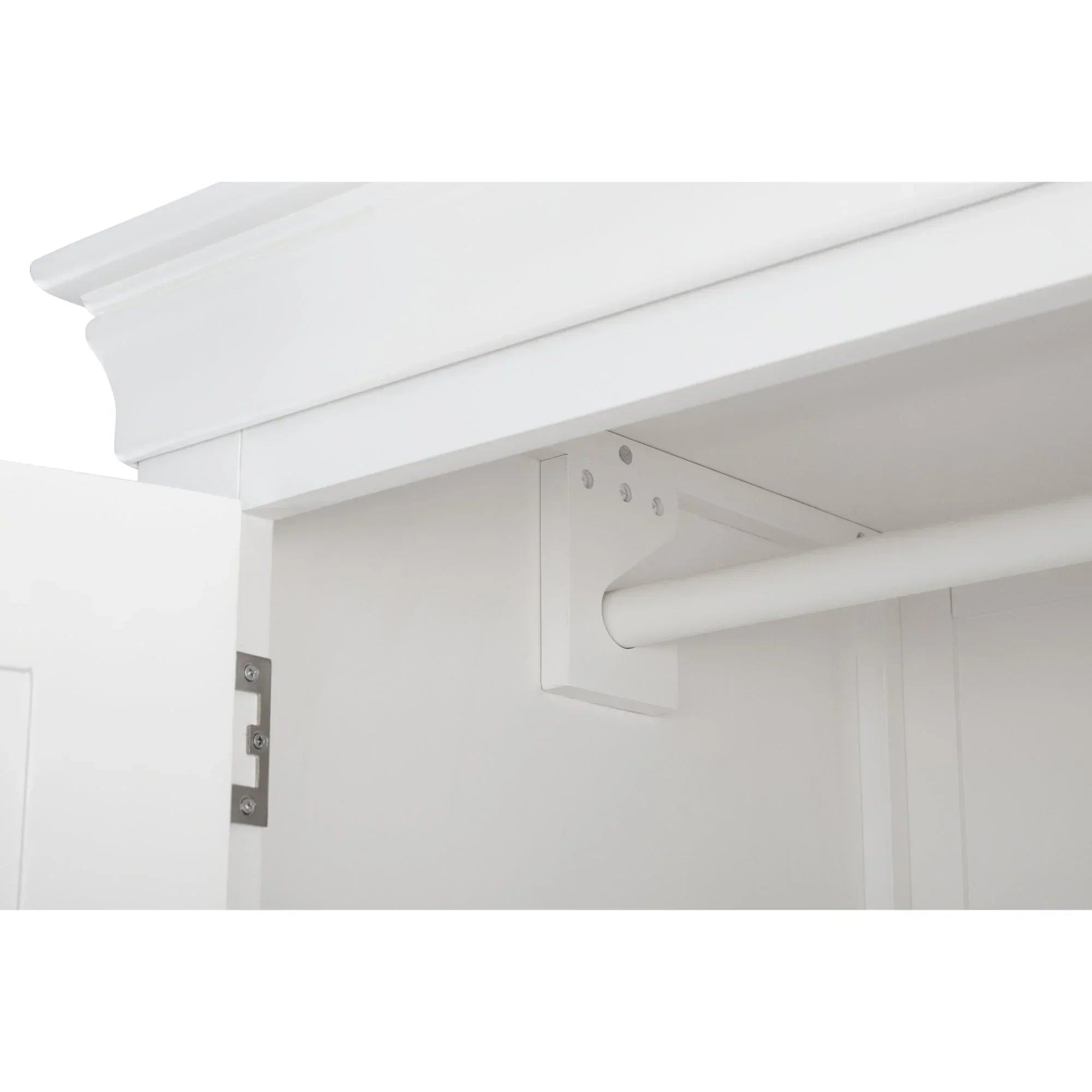 Surf white wardrobe closeup showing interior hanging rail and door hinge detail