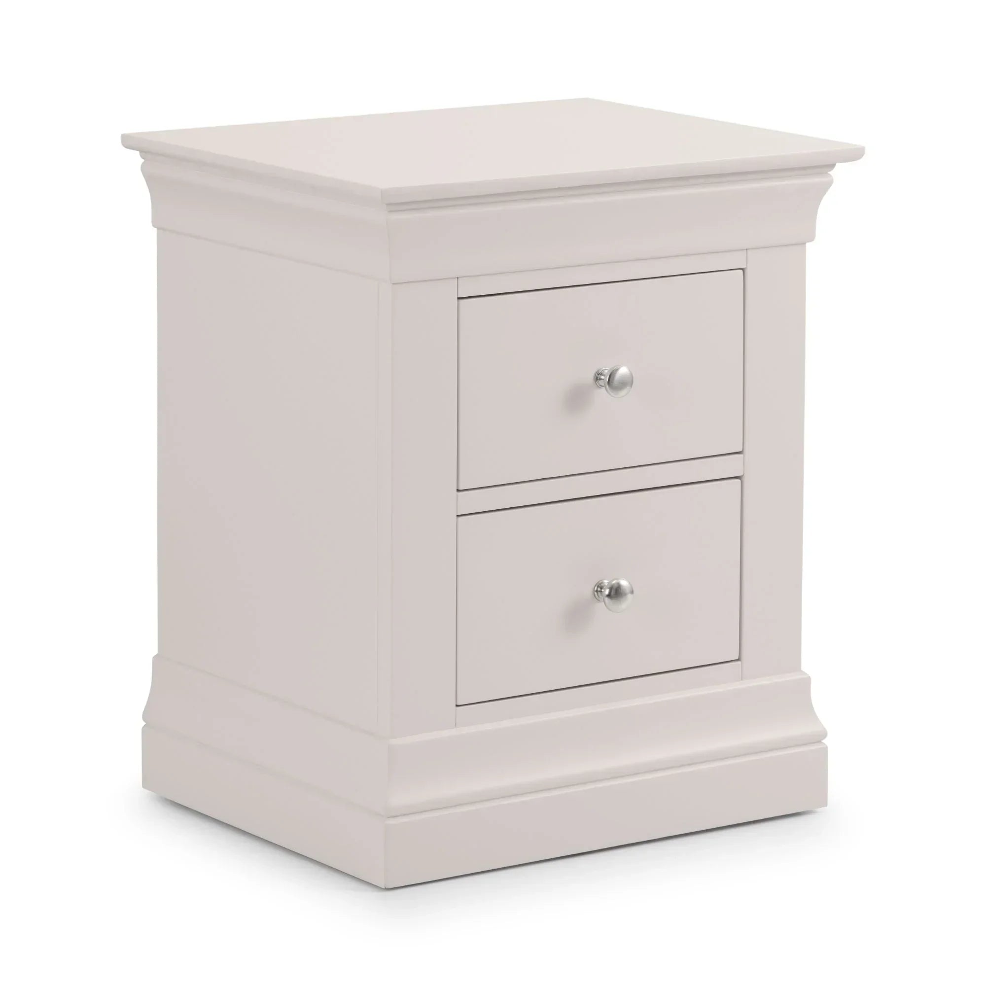 Light grey bedside table with two drawers and chrome knobs, angled front view