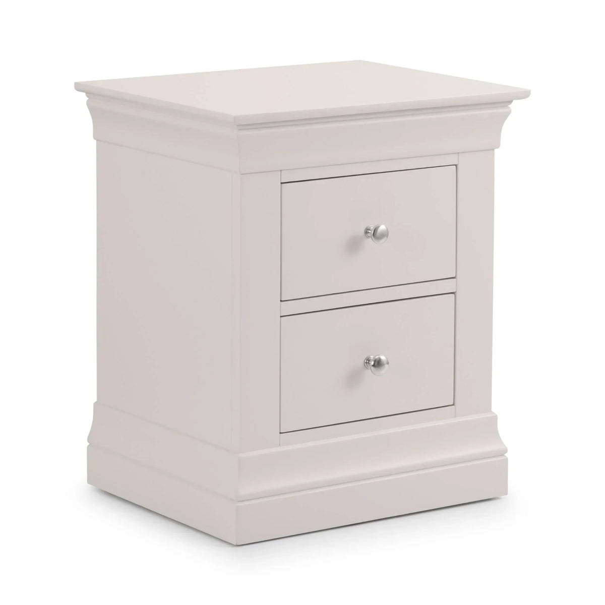 Light grey bedside table with two drawers and chrome knobs, angled front view