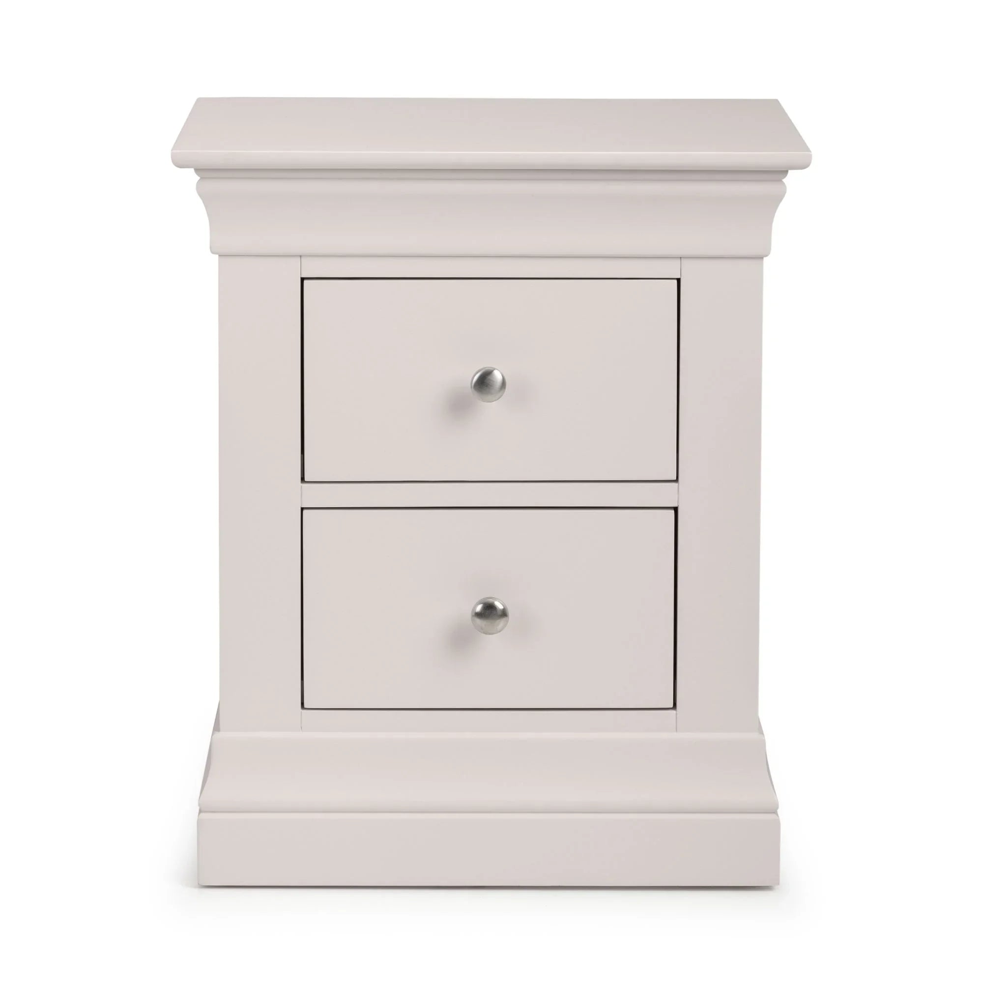 Light grey bedside table with two drawers and metal handles, front view