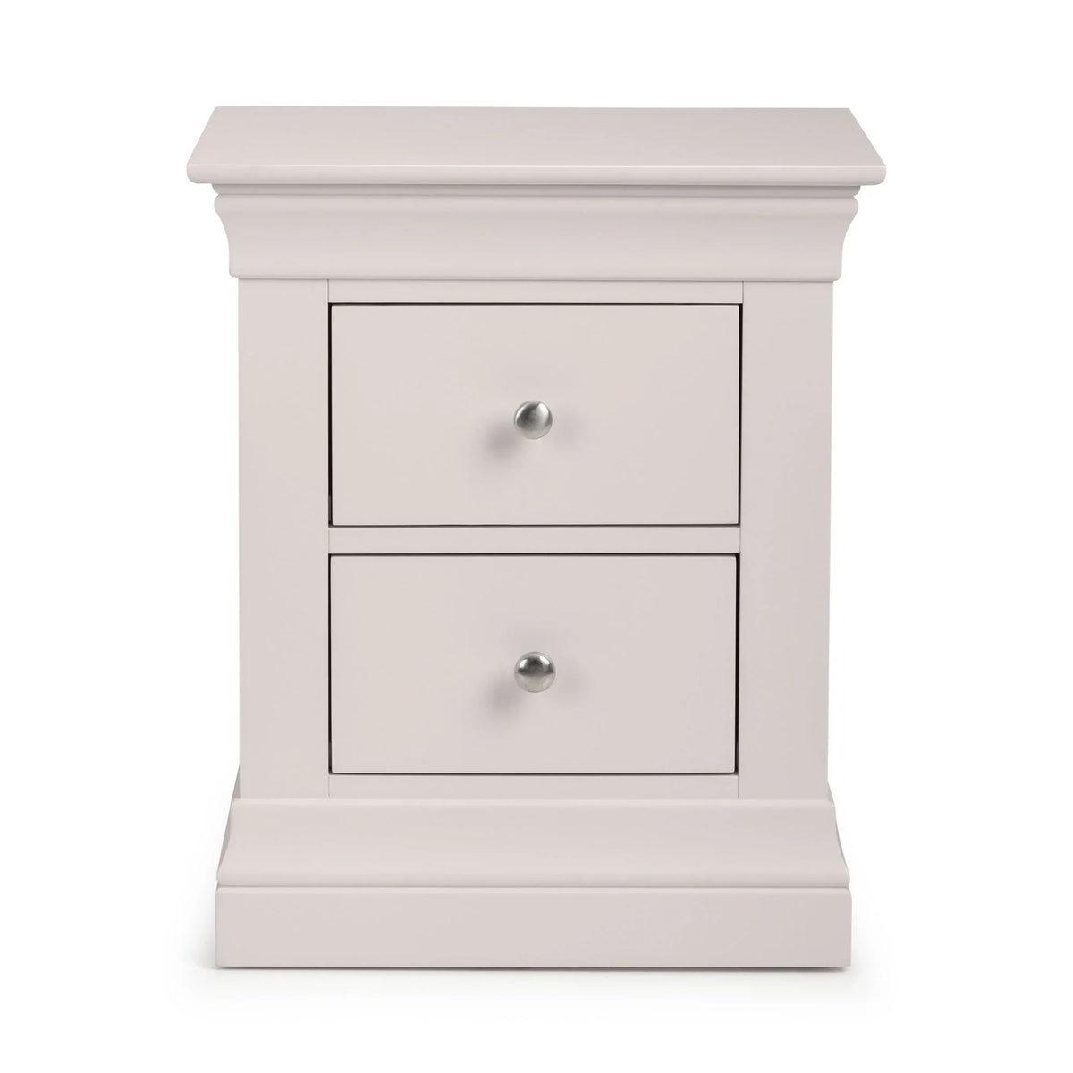 Light grey bedside table with two drawers and metal handles, front view