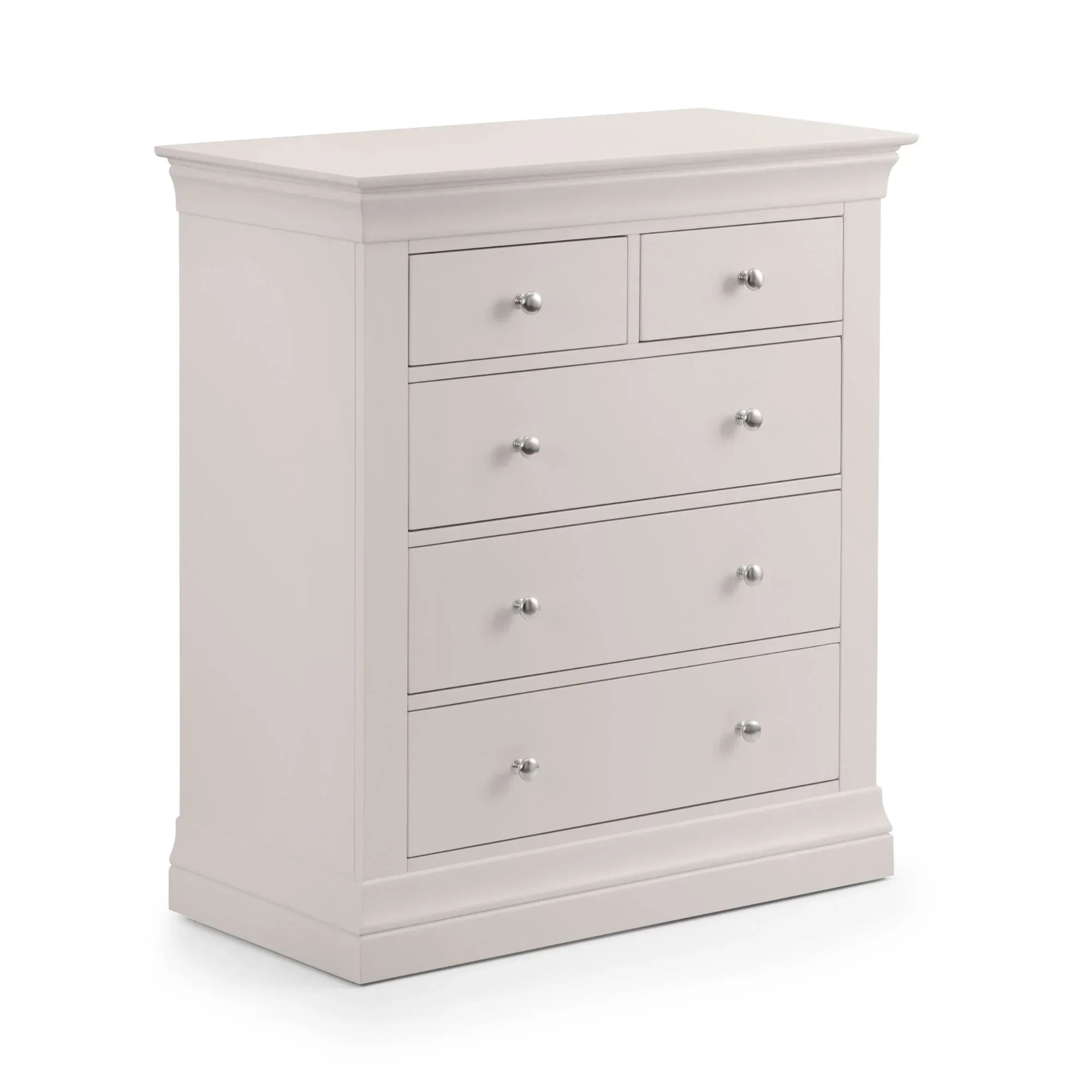 light grey 3 plus 2 drawer chest with silver handles on white background
