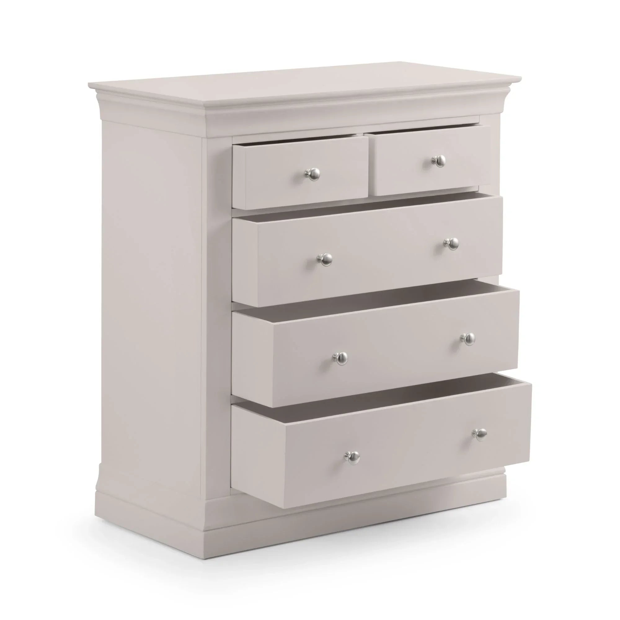 Light grey 3+2 drawer chest with silver knobs, four drawers open, no background