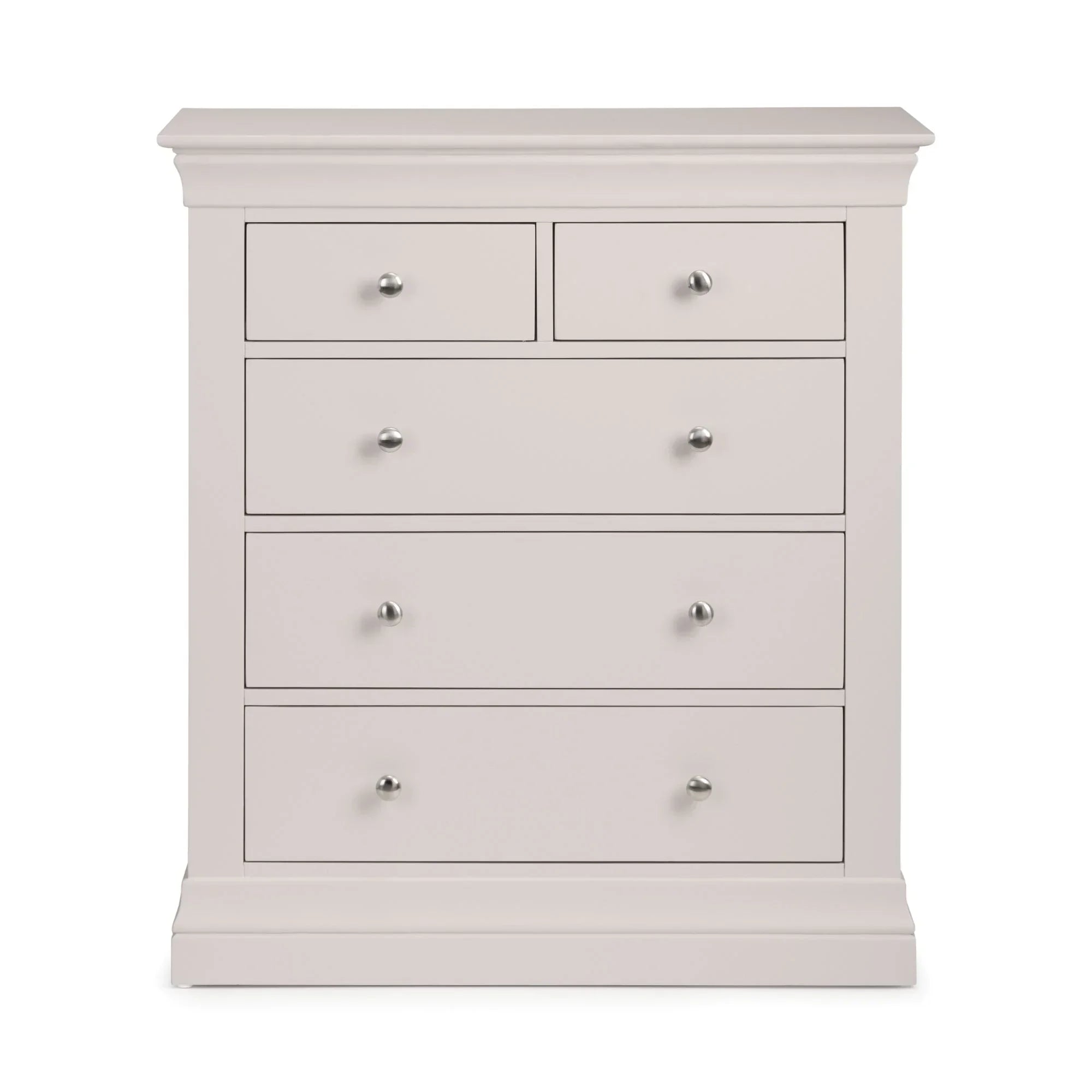Light grey 3 over 2 drawer chest with chrome knobs and classic plinth base, front view