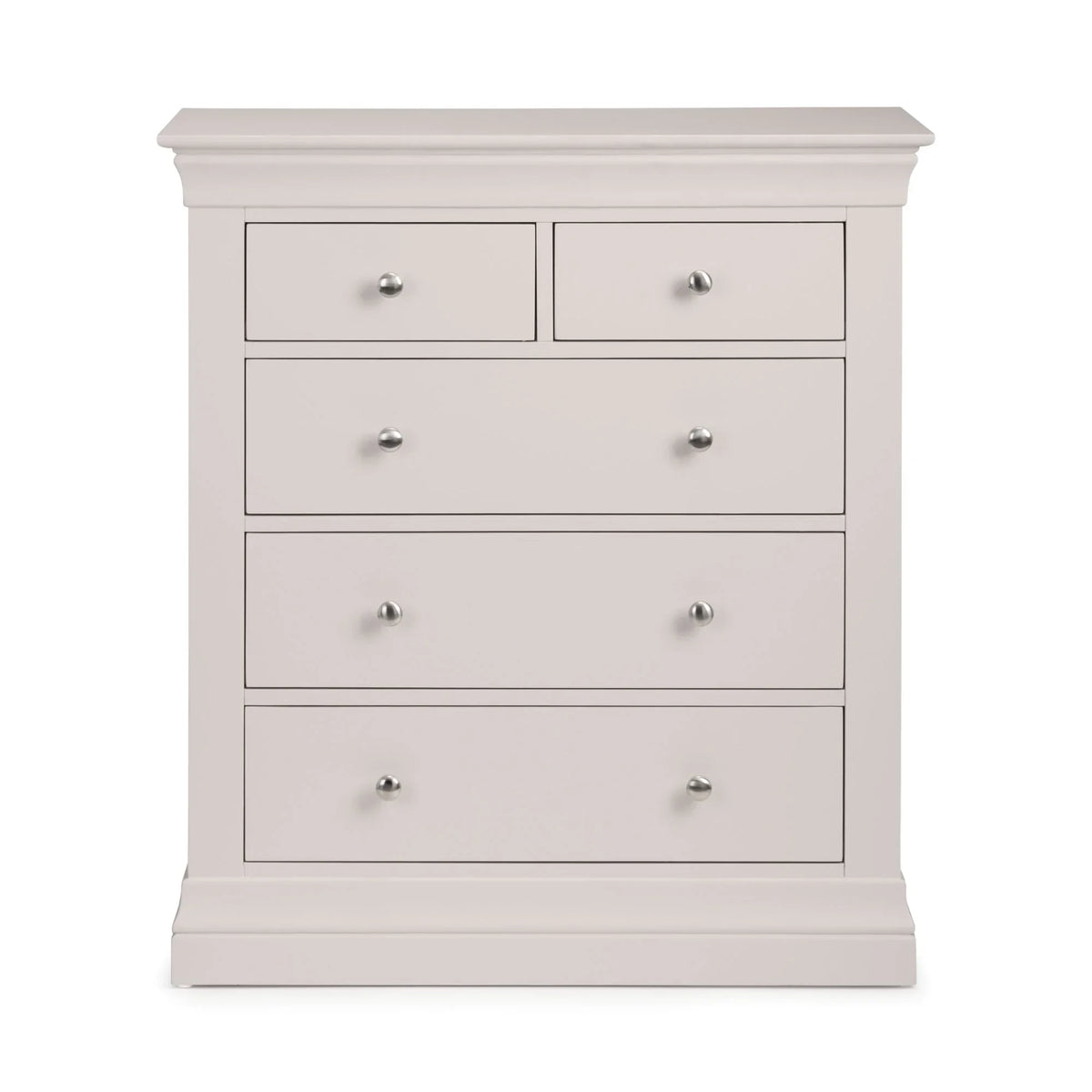 Light grey 3 over 2 drawer chest with chrome knobs and classic plinth base, front view