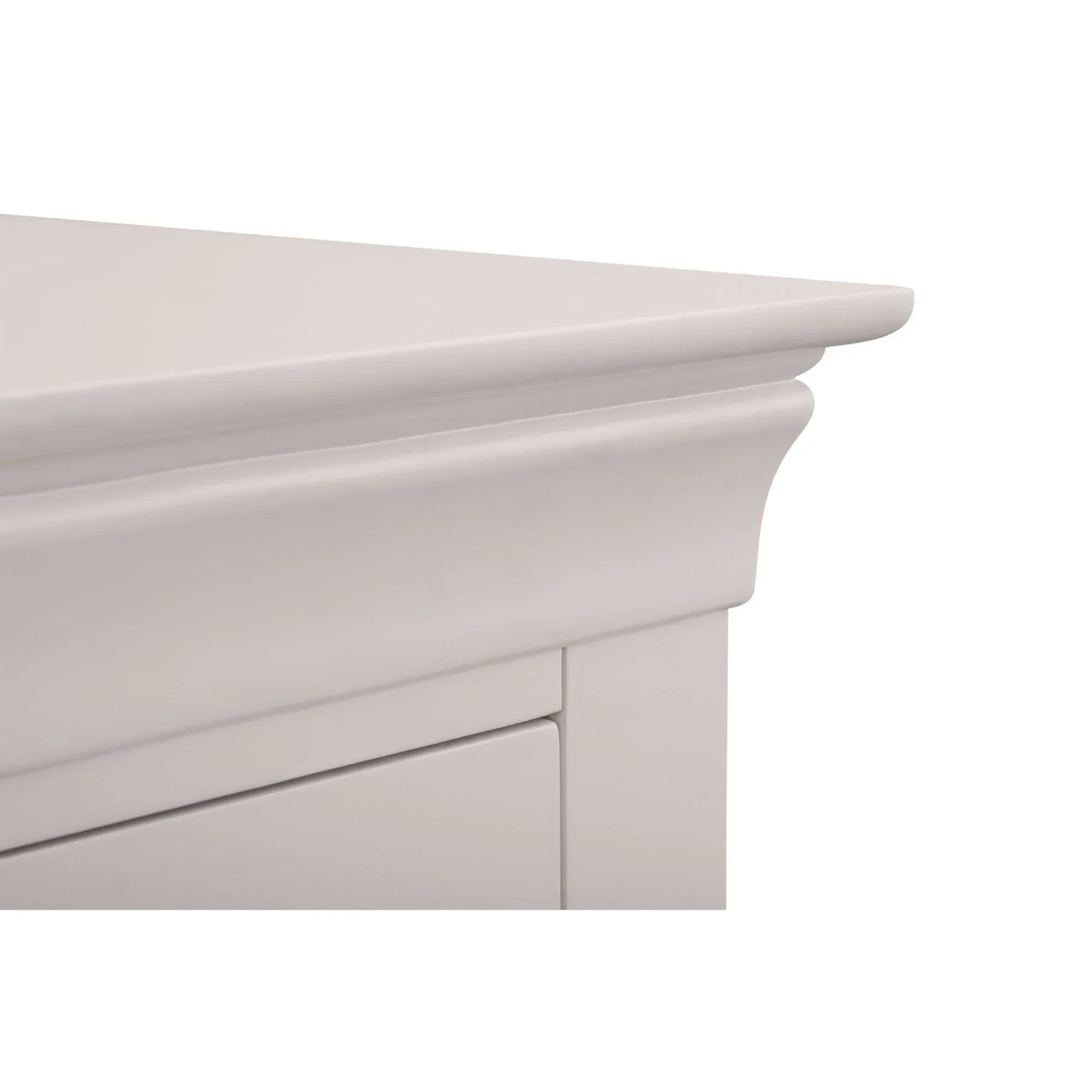 Light grey chest of drawers corner detail showing smooth finish and moulded edge