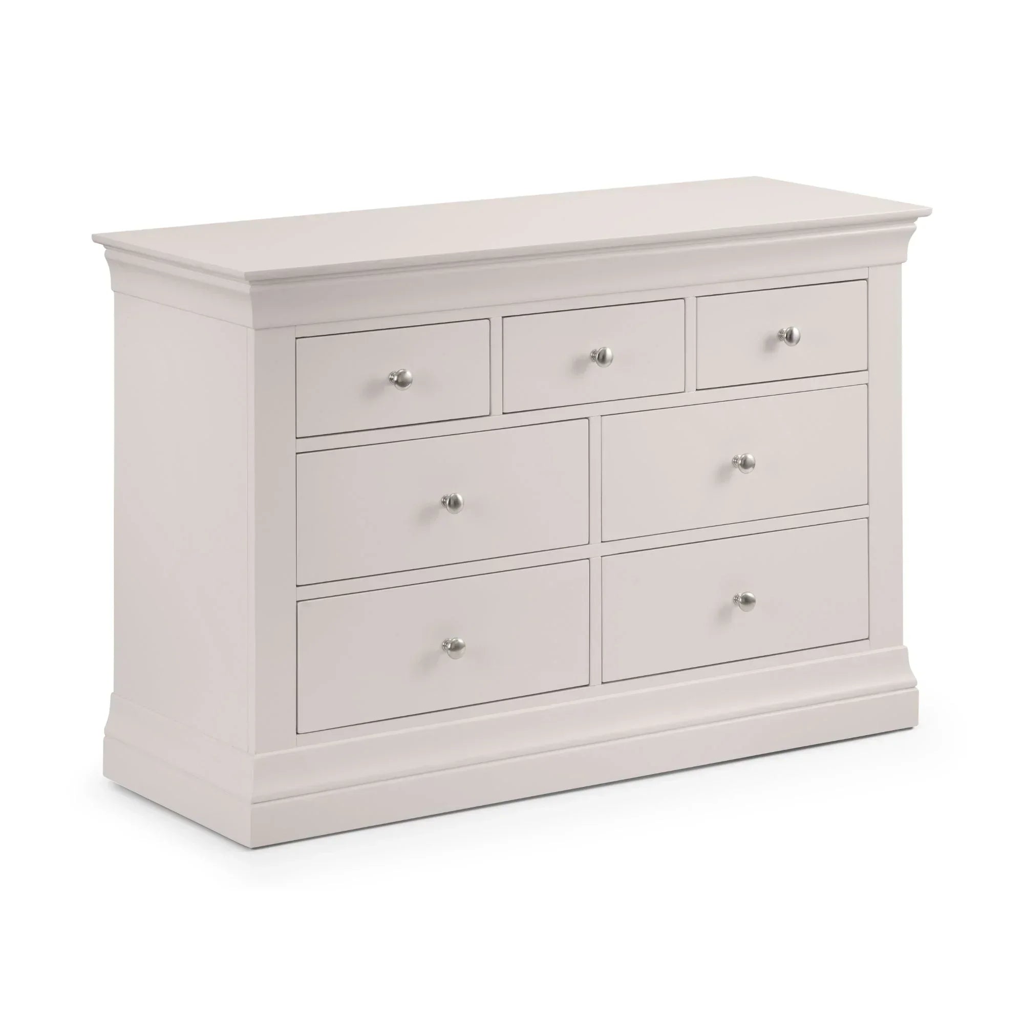 Light grey 4+3 drawer chest with silver handles and smooth finish, angled front view