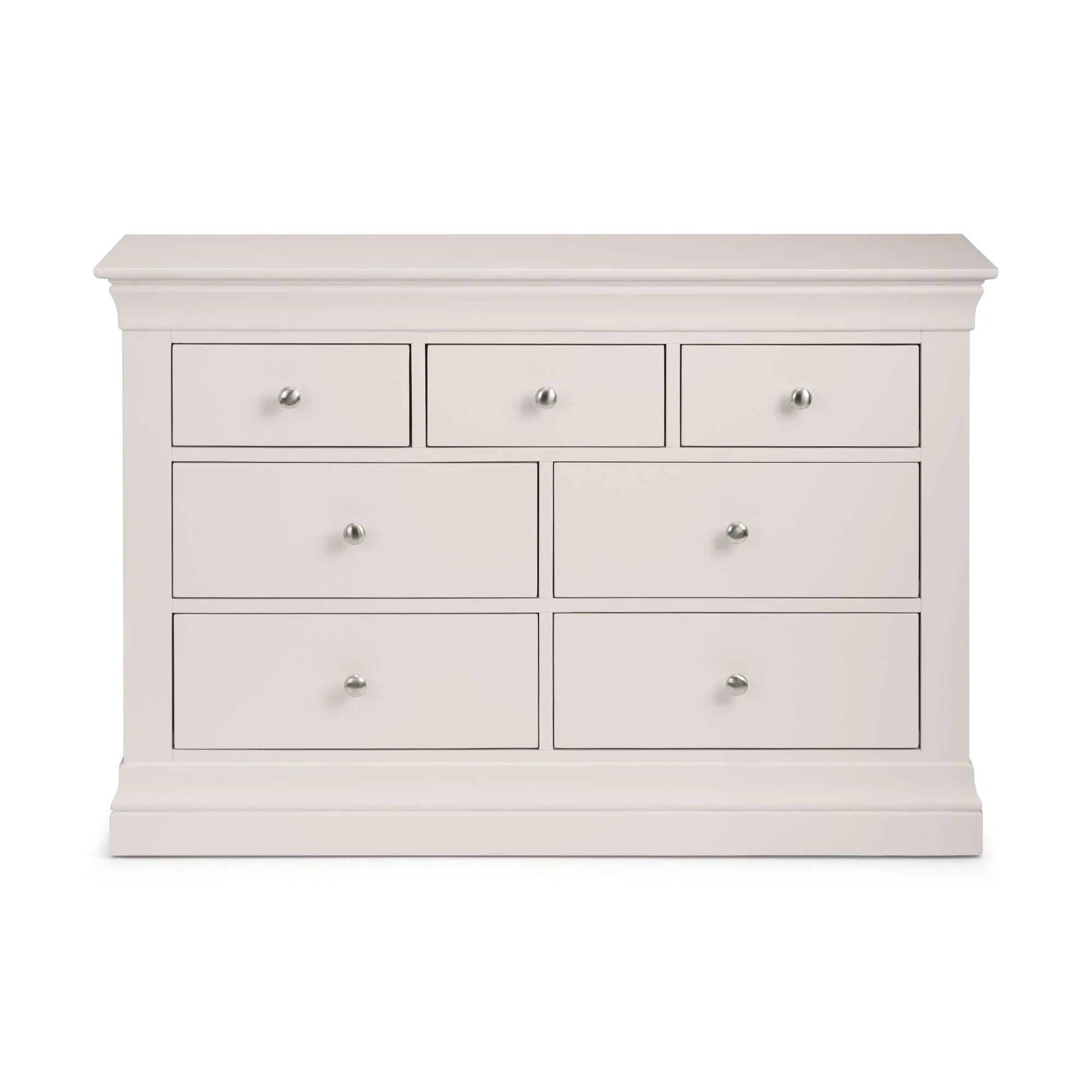 Light grey 4 over 3 drawer chest with metal knobs and flat top