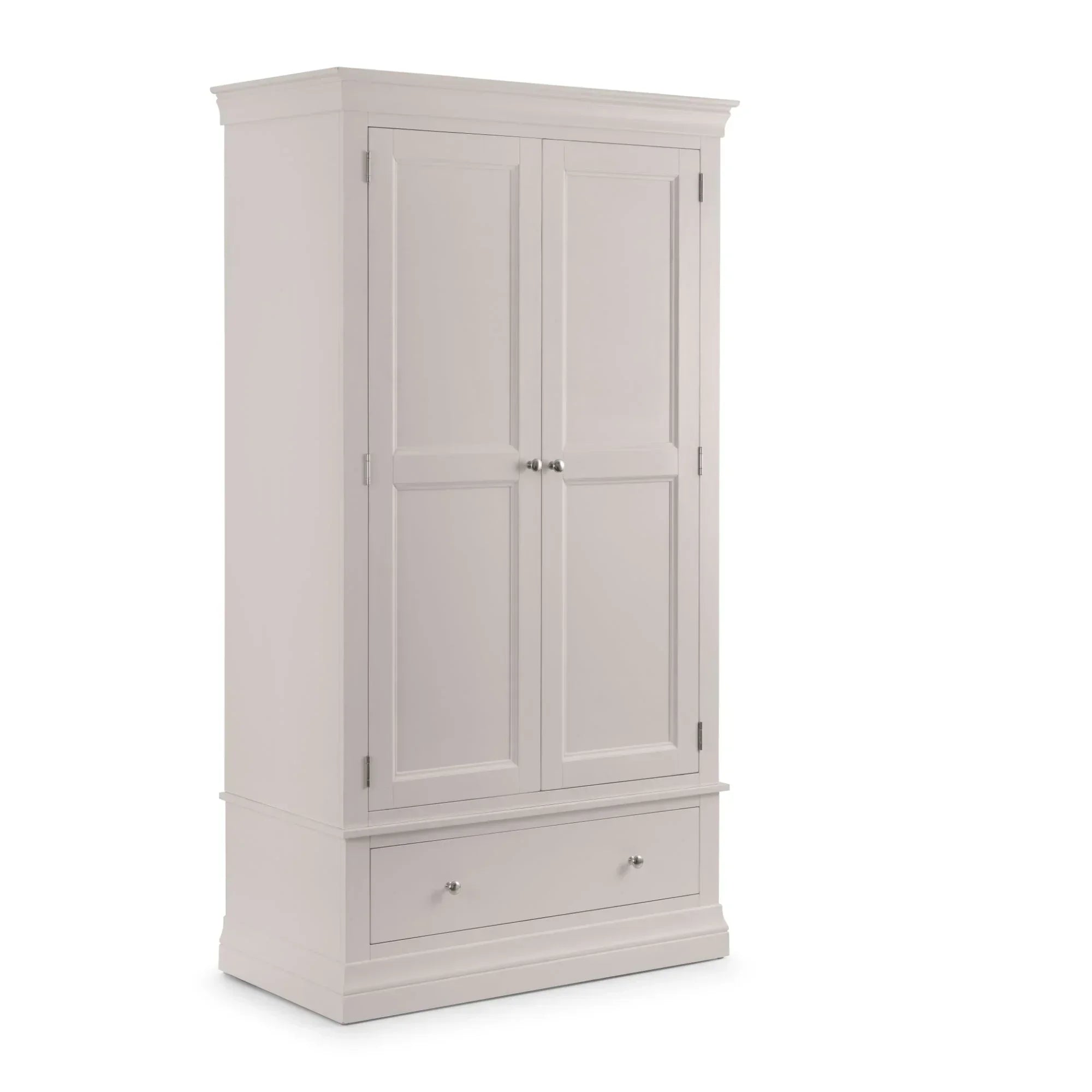 Light grey wardrobe with paneled double doors and lower drawer, traditional design