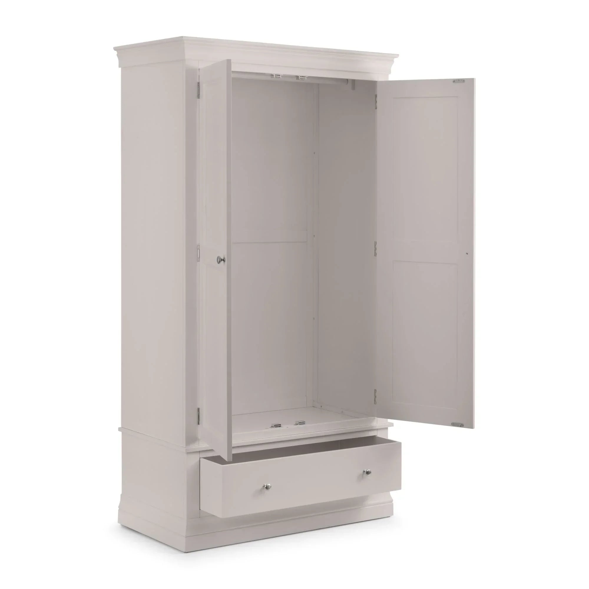 Light grey wardrobe with double doors open and lower storage drawer pulled out