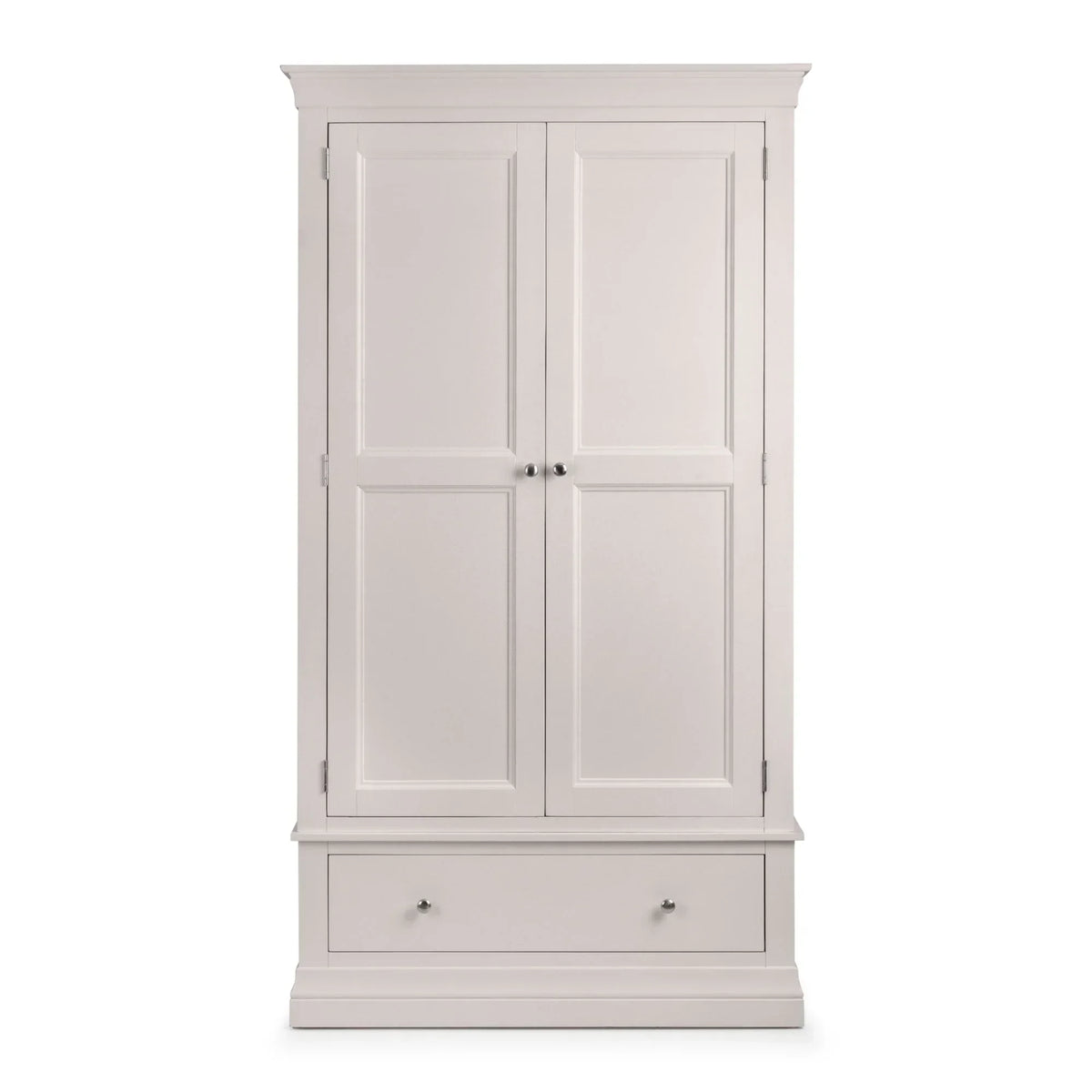 Light grey wooden wardrobe with two panel doors and a lower storage drawer, front view