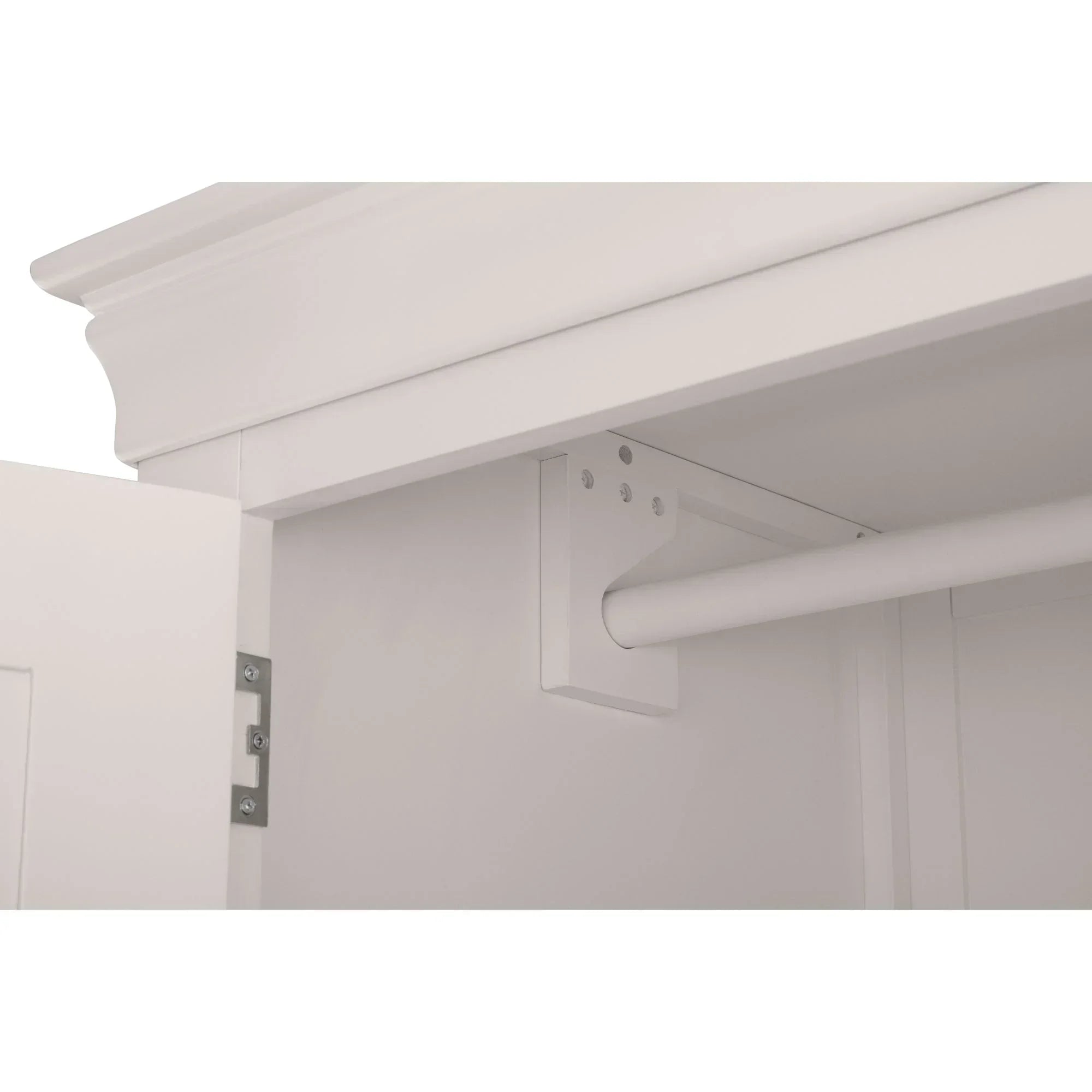 Light grey wardrobe interior showing hanging rail and door hinge detail