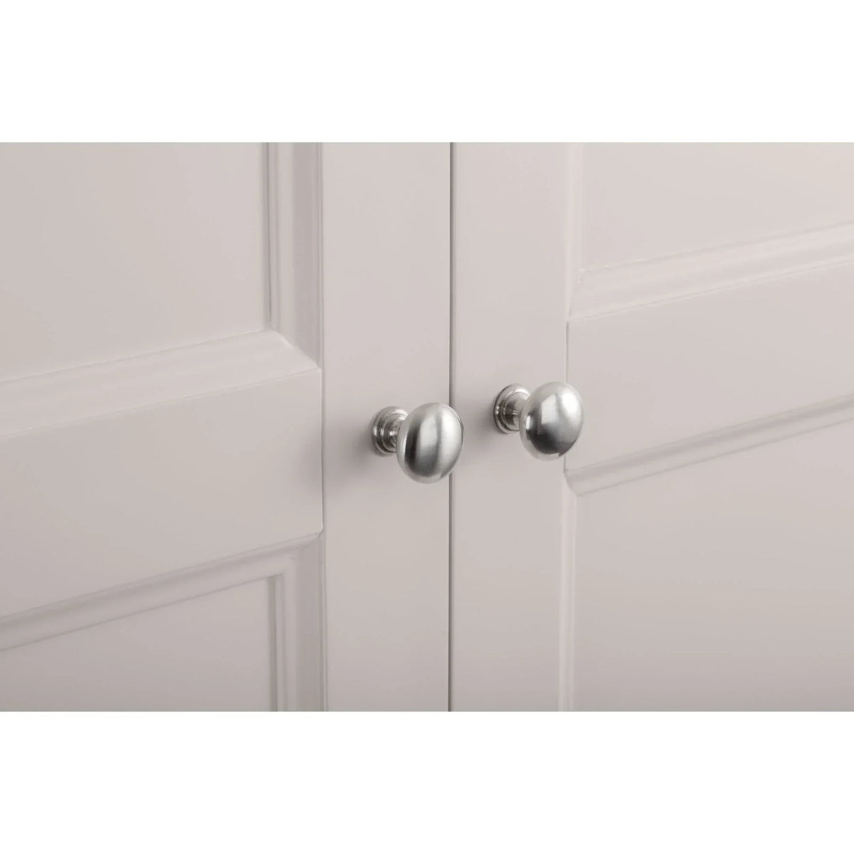 Clermont wardrobe light grey panel doors with chrome handles close detail