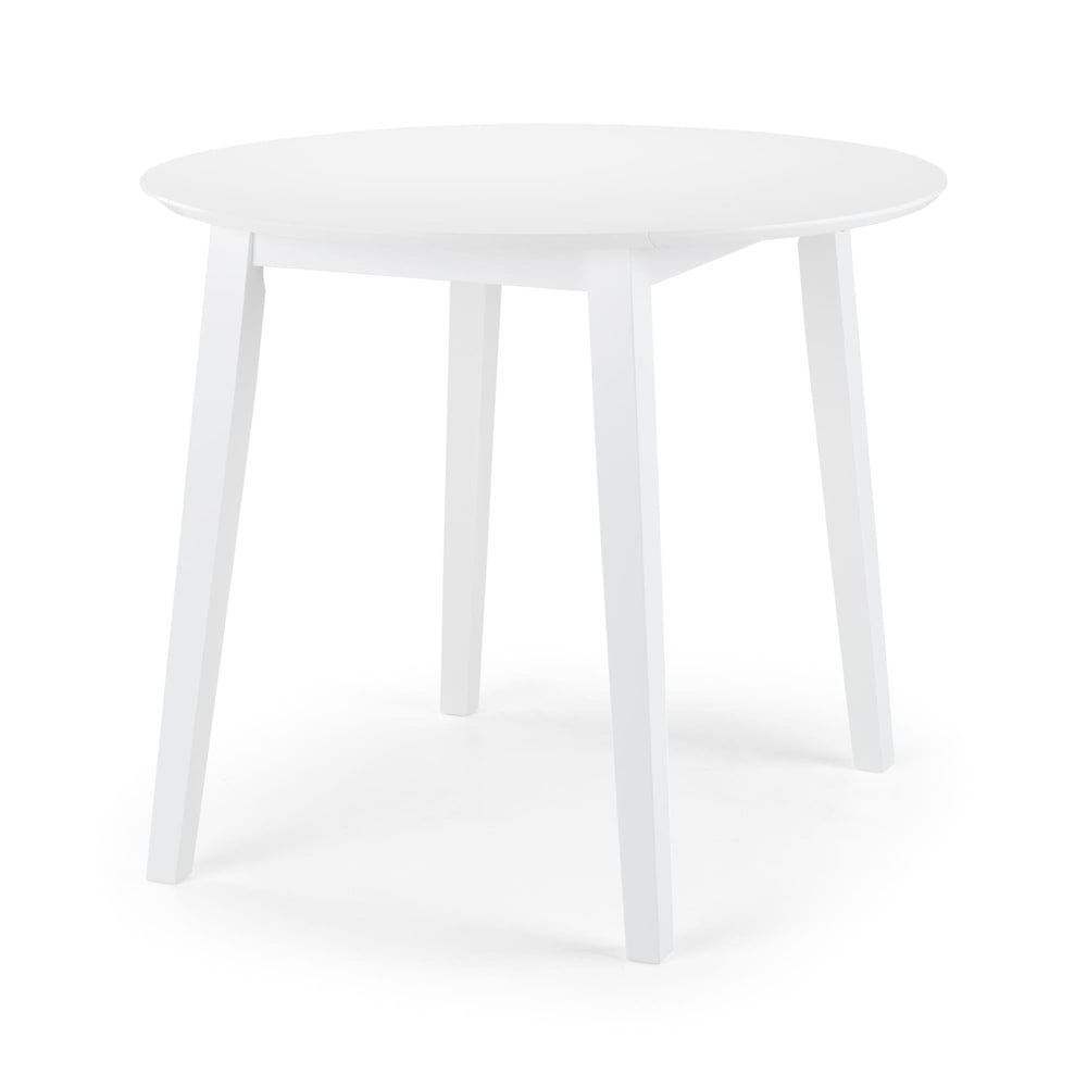 White round dropleaf table with four legs against white background