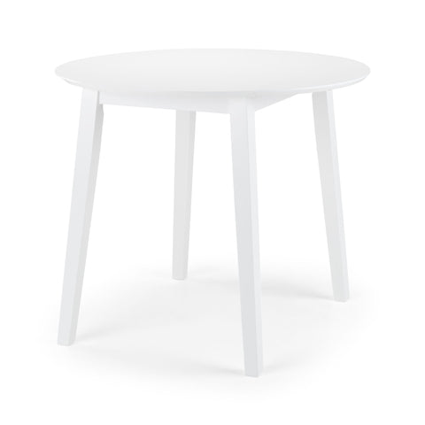 White round dropleaf table with four legs against white background