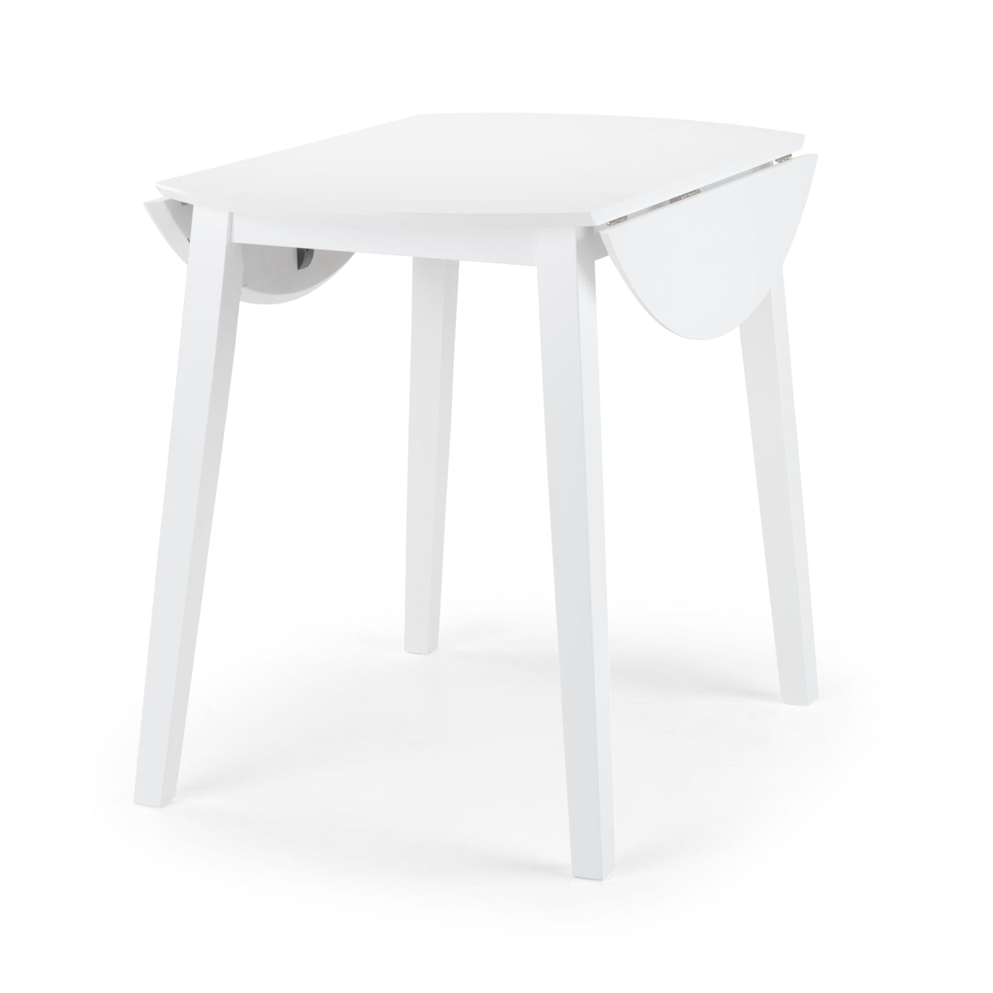 White wood Coast dropleaf table with both leaves down, side angle view on white background